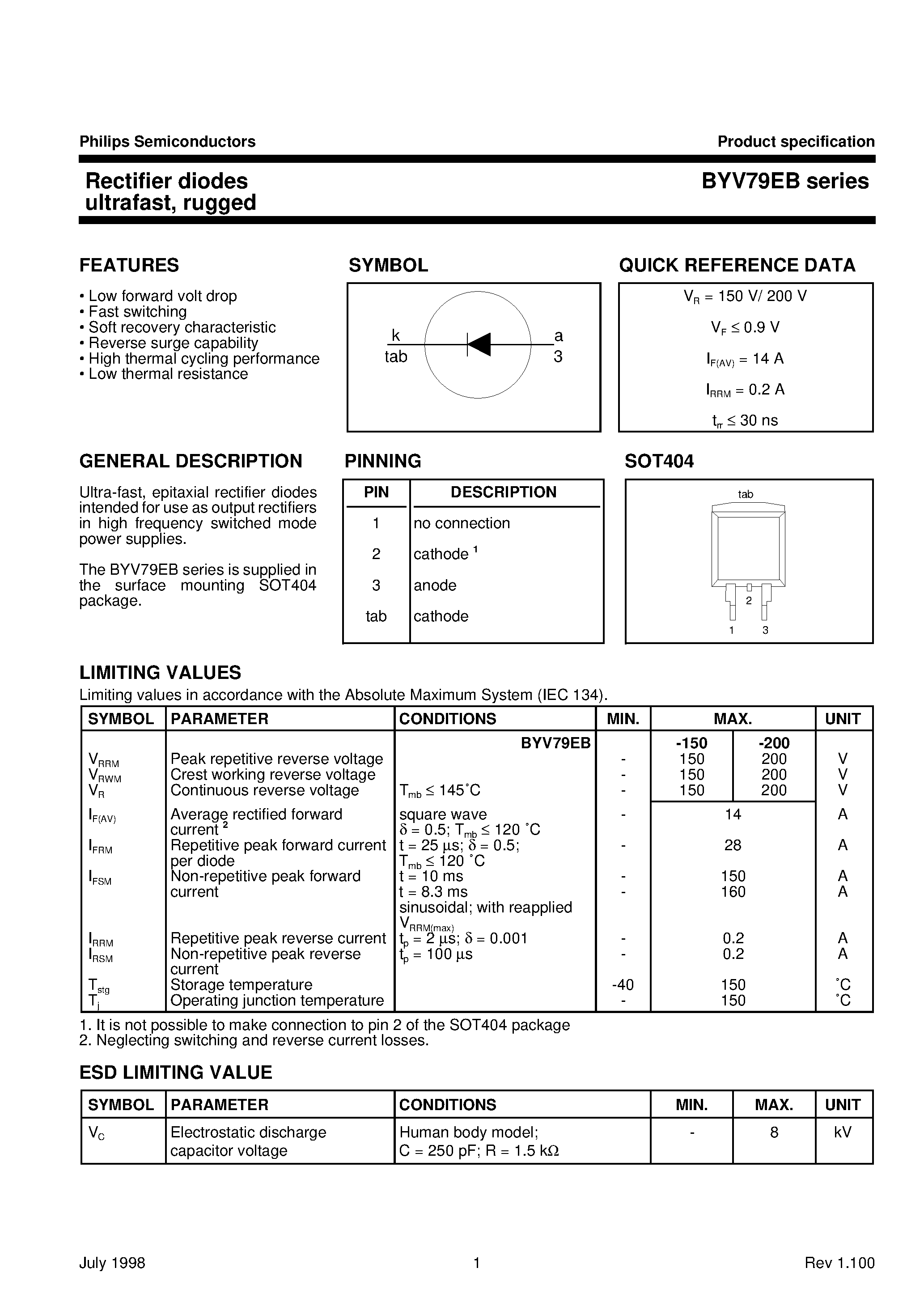 Datasheet BYV79EB-200 page 1 Datasheet BYV79EB-200 - Rectifier diodes ultrafast/ rugged page 1