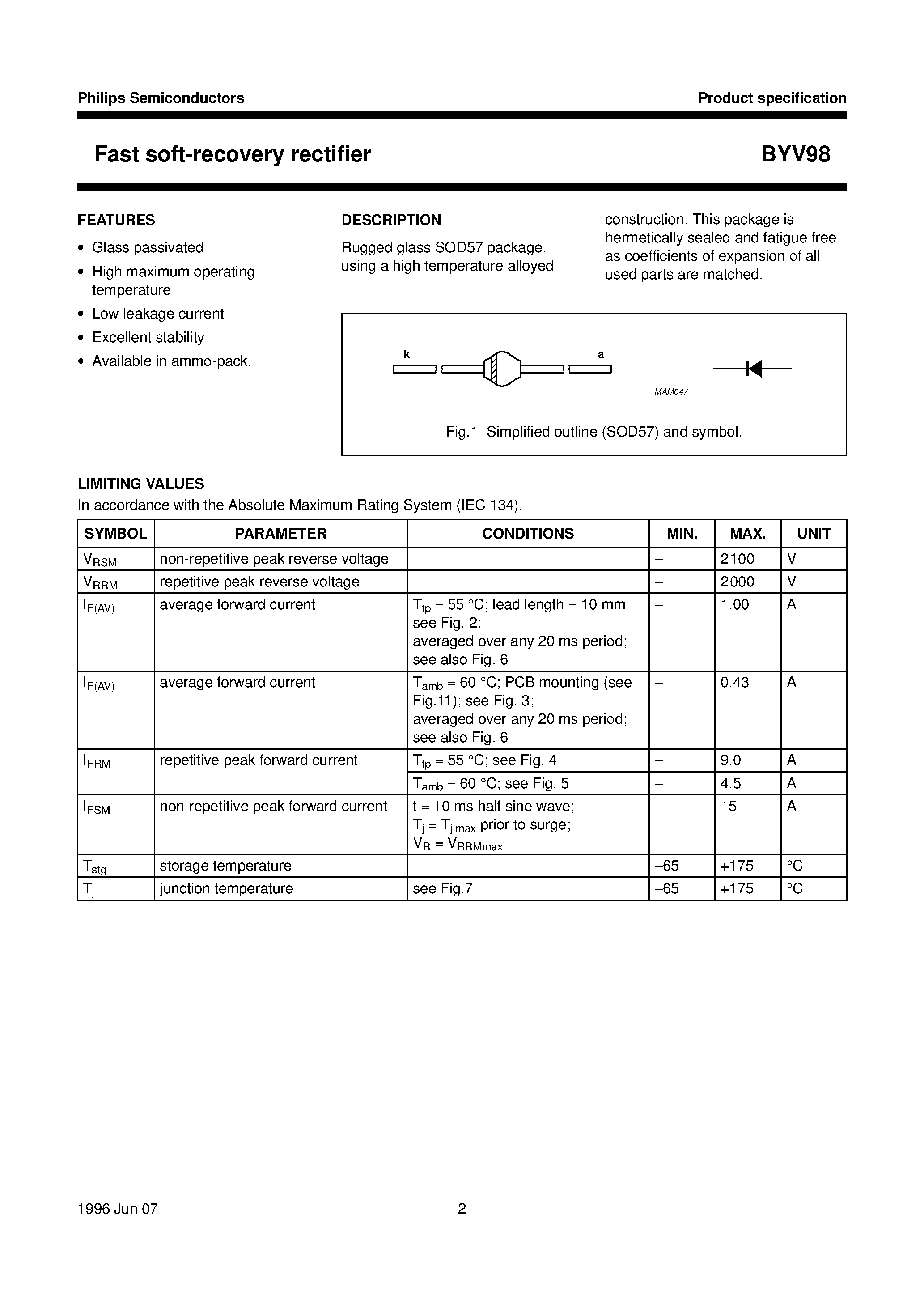 Datasheet BYV98 page 2 Datasheet BYV98 - Fast soft-recovery rectifier page 2