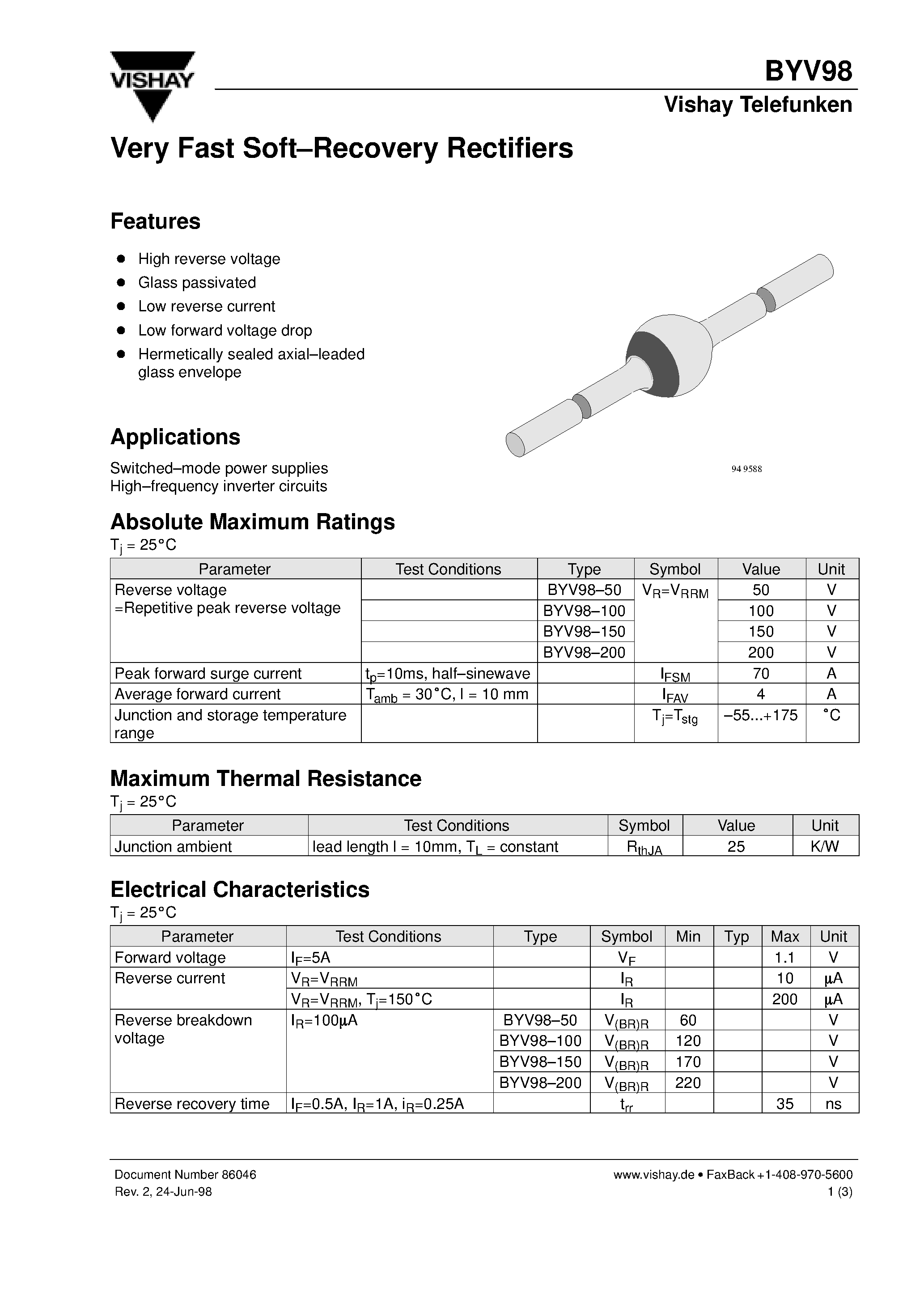 Datasheet BYV98 page 1 Datasheet BYV98 - Very Fast Soft-Recovery Rectifiers page 1