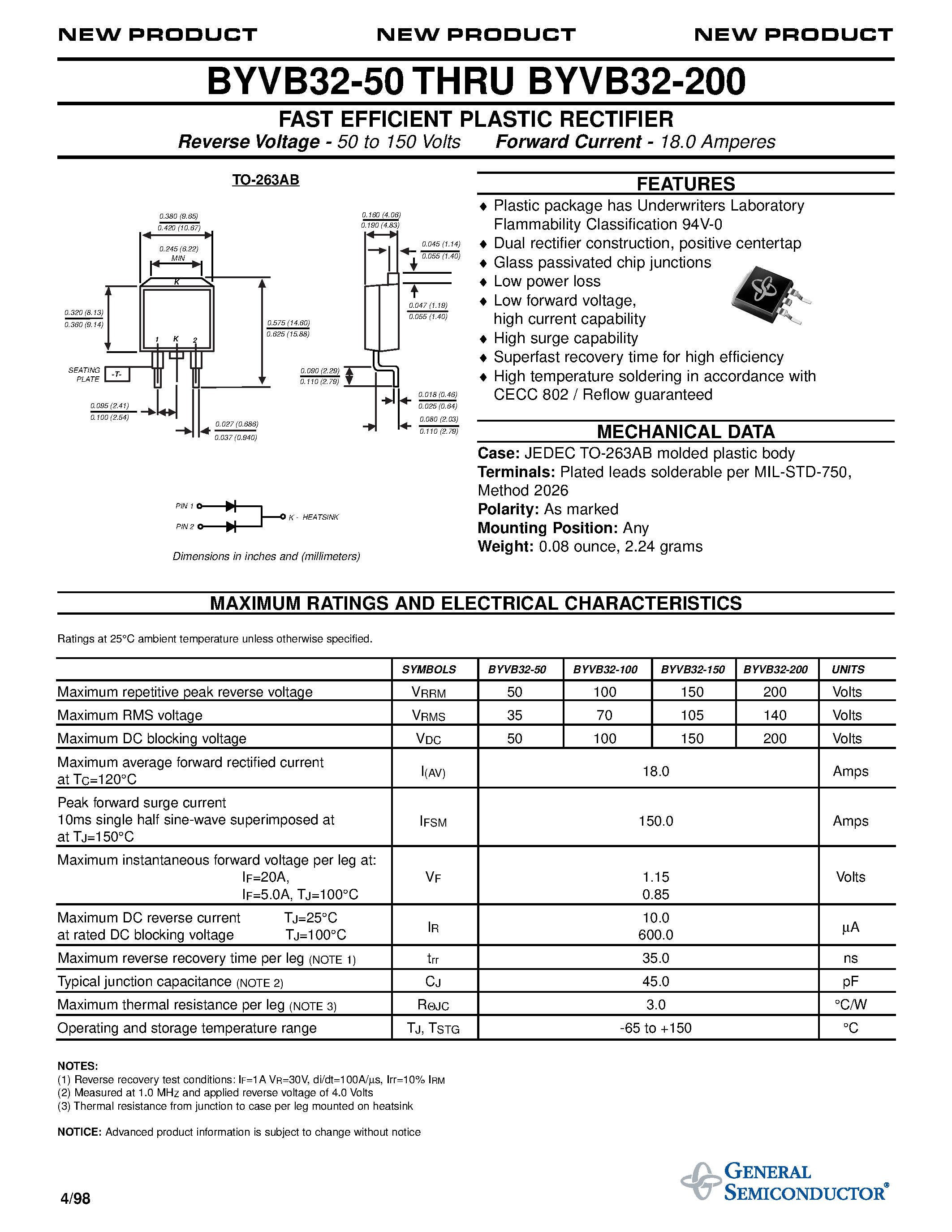 Datasheet BYVB32-100 page 1 Datasheet BYVB32-100 - FAST EFFICIENT PLASTIC RECTIFIER page 1