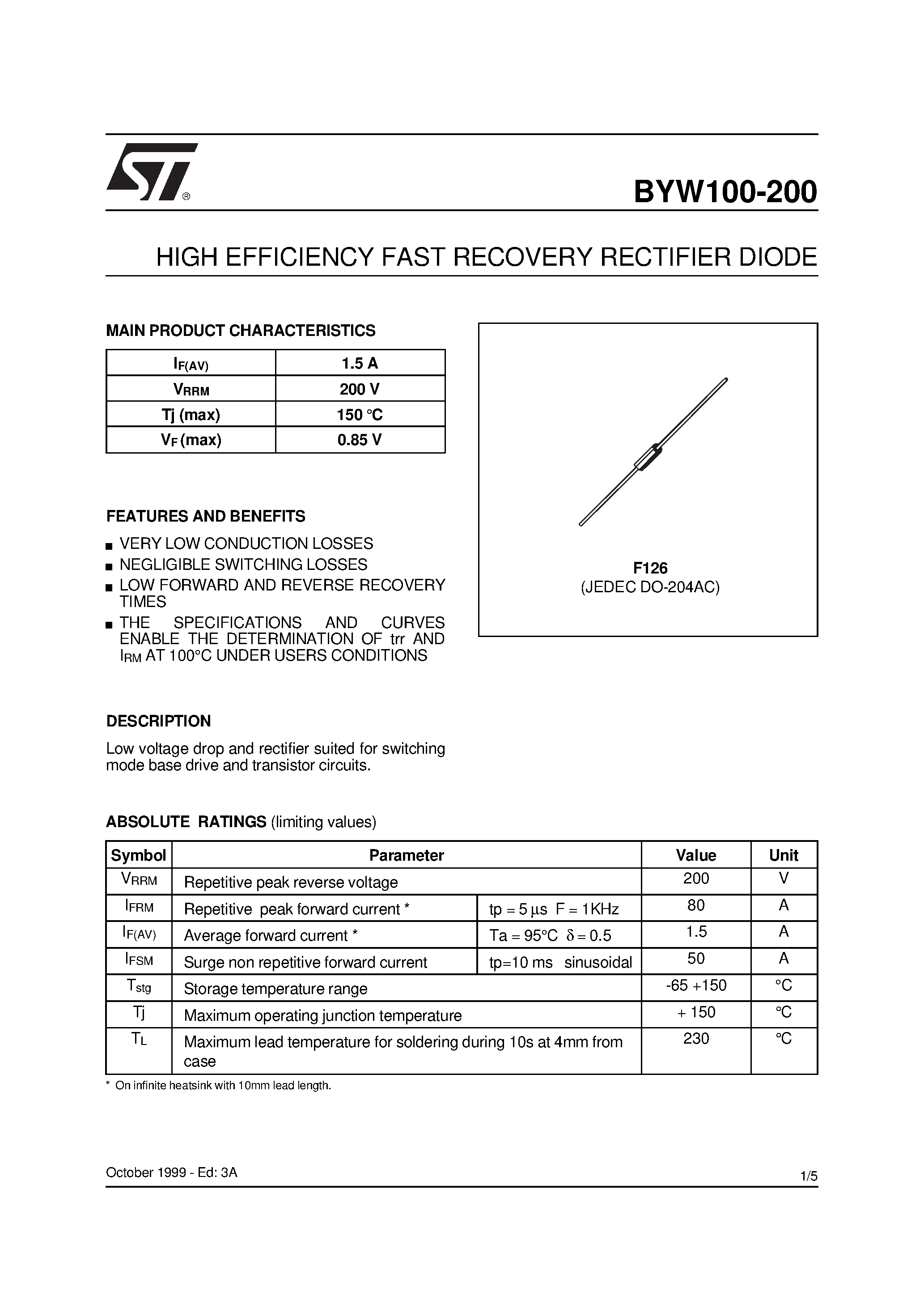 Datasheet BYW100-200 - HIGH EFFICIENCY FAST RECOVERY RECTIFIER DIODE page 1