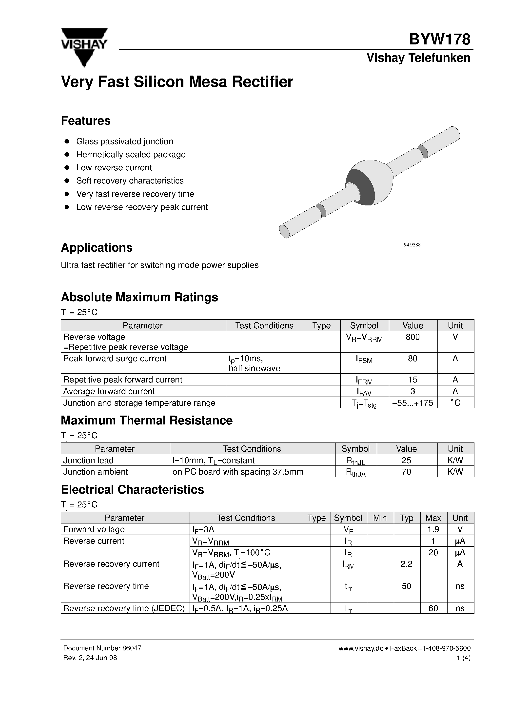 Datasheet BYW178 page 1 Datasheet BYW178 - Very Fast Silicon Mesa Rectifier page 1