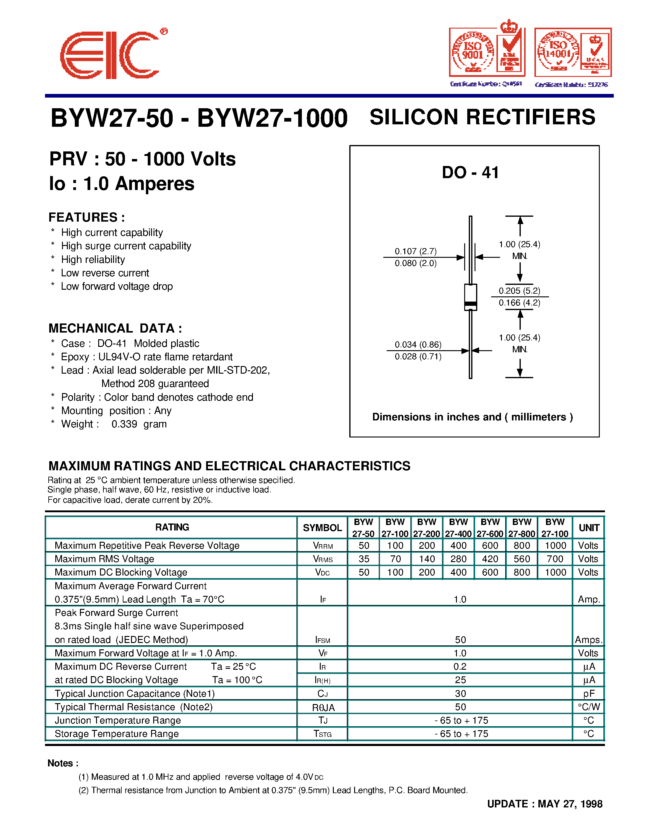 Datasheet BYW27-600 page 1 Datasheet BYW27-600 - SILICON RECTIFIERS page 1