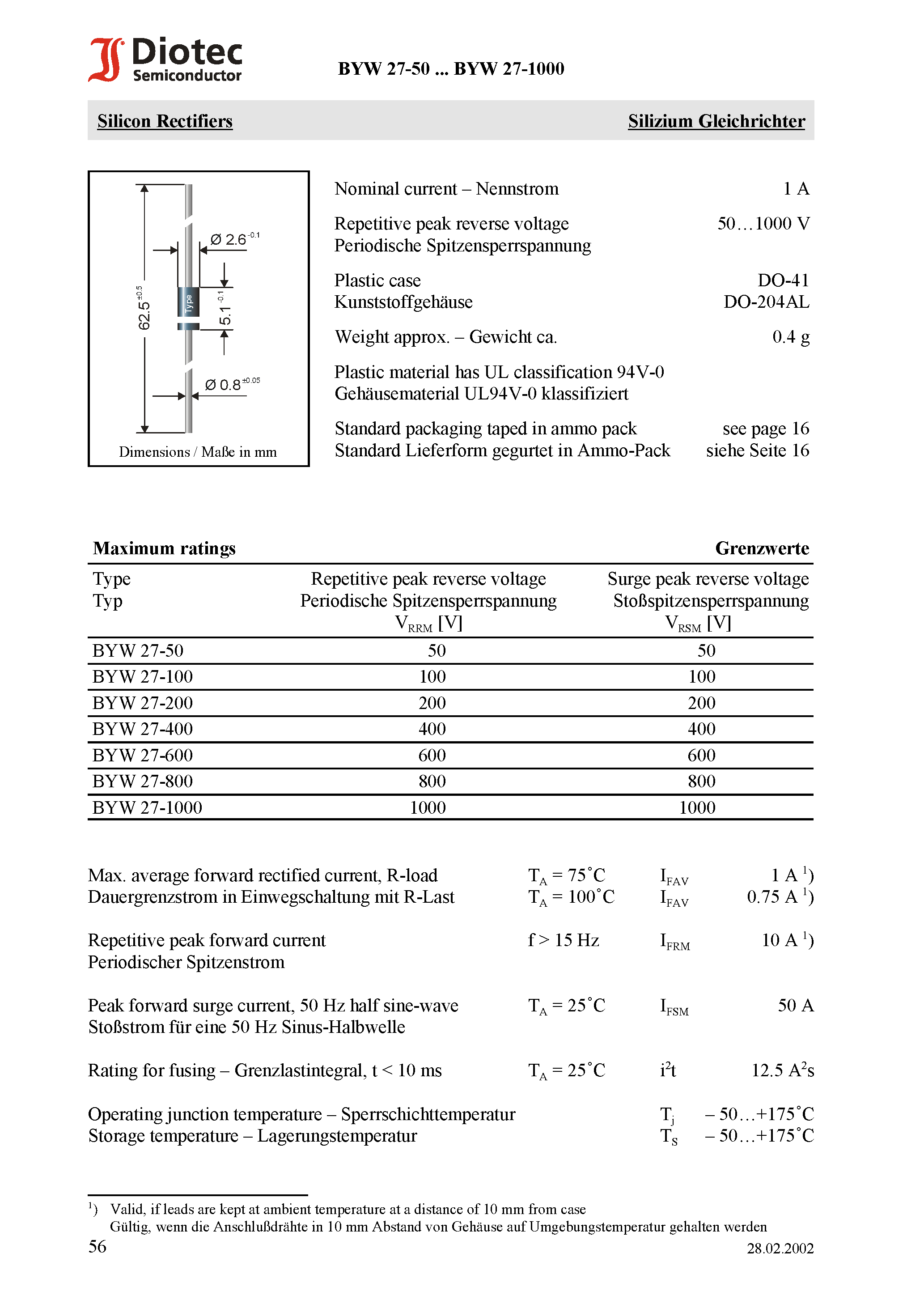 Datasheet BYW2750 page 1 Datasheet BYW2750 - Silicon Rectifiers page 1