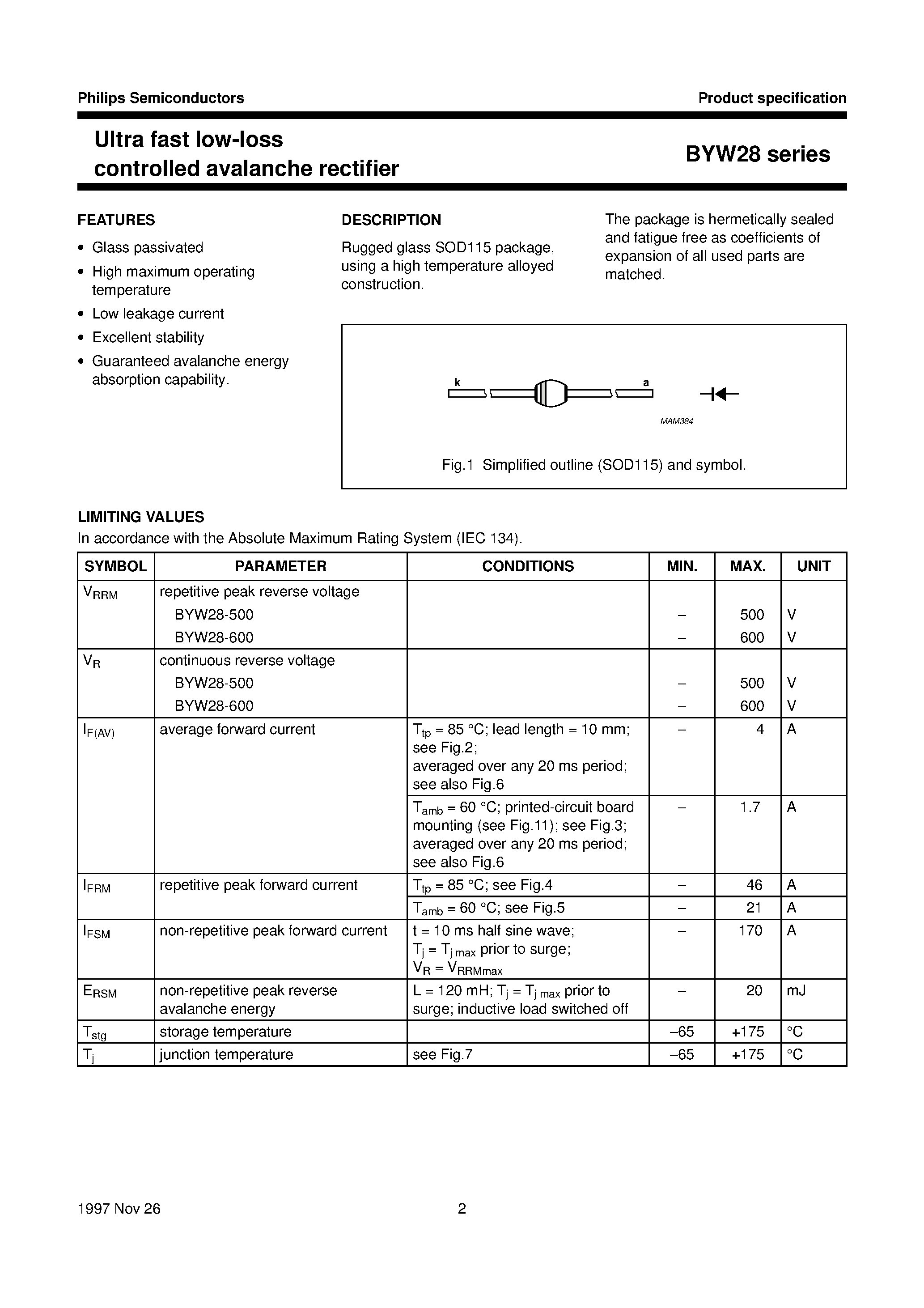 Datasheet BYW28 page 2 Datasheet BYW28 - Ultra fast low-loss controlled avalanche rectifier page 2