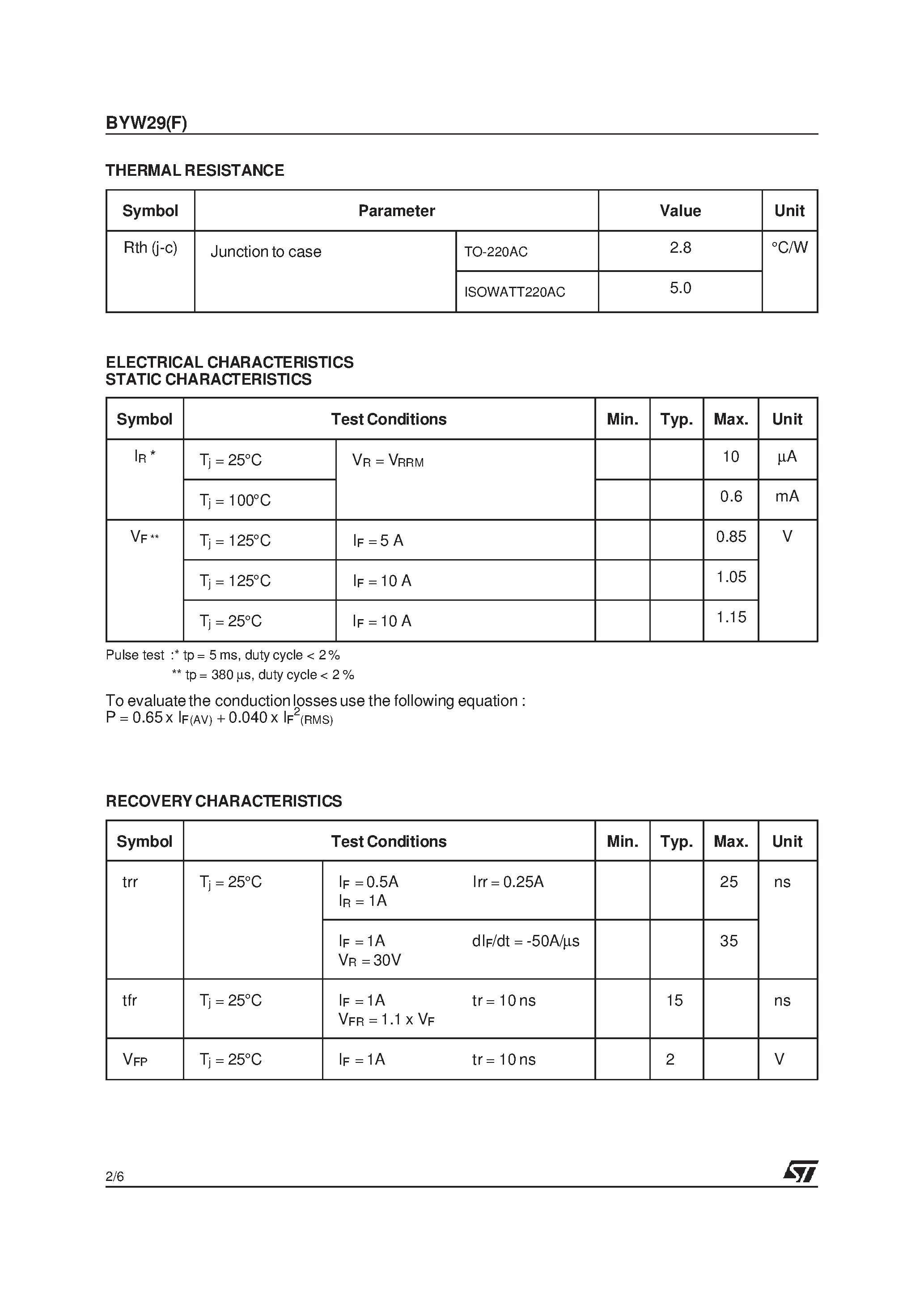 Datasheet BYW29 page 2 Datasheet BYW29 - HIGH EFFICIENCY FAST RECOVERY RECTIFIER DIODES page 2