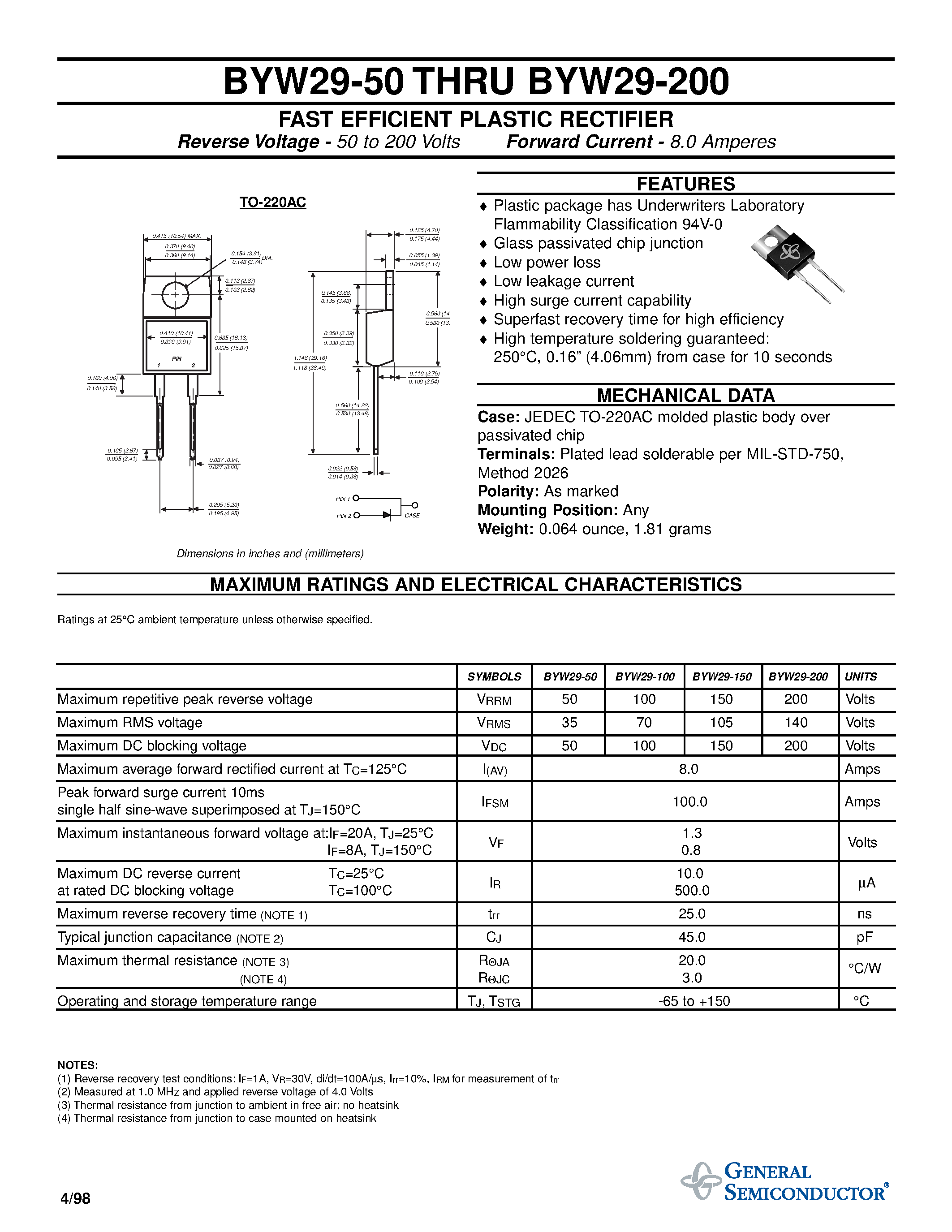 Datasheet BYW29-50 page 1 Datasheet BYW29-50 - FAST EFFICIENT PLASTIC RECTIFIER page 1