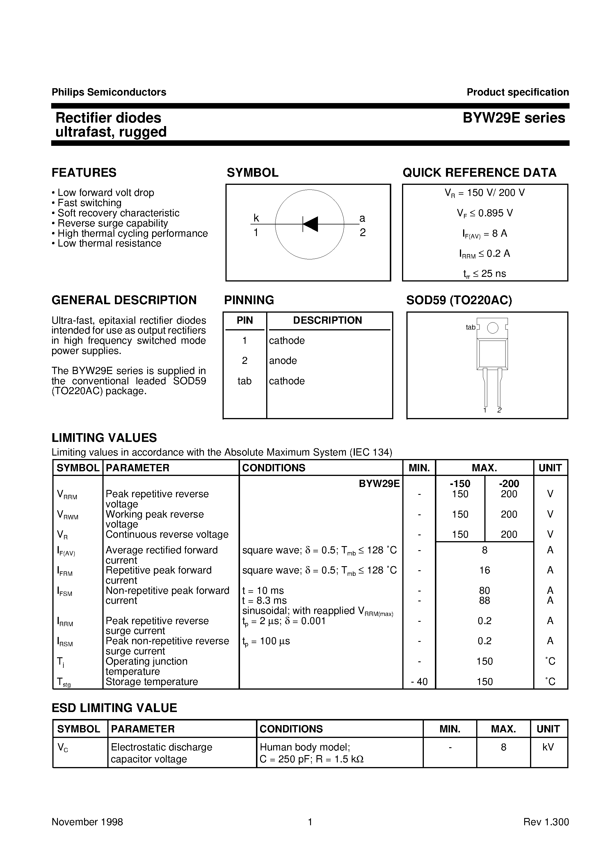 Datasheet BYW29E page 1 Datasheet BYW29E - Rectifier diodes ultrafast/ rugged page 1