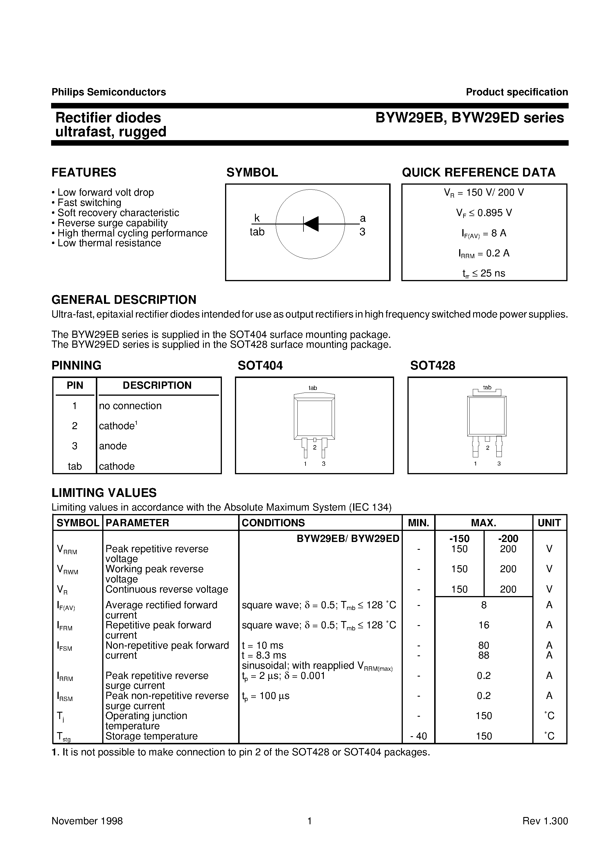 Datasheet BYW29EB page 1 Datasheet BYW29EB - Rectifier diodes ultrafast/ rugged page 1