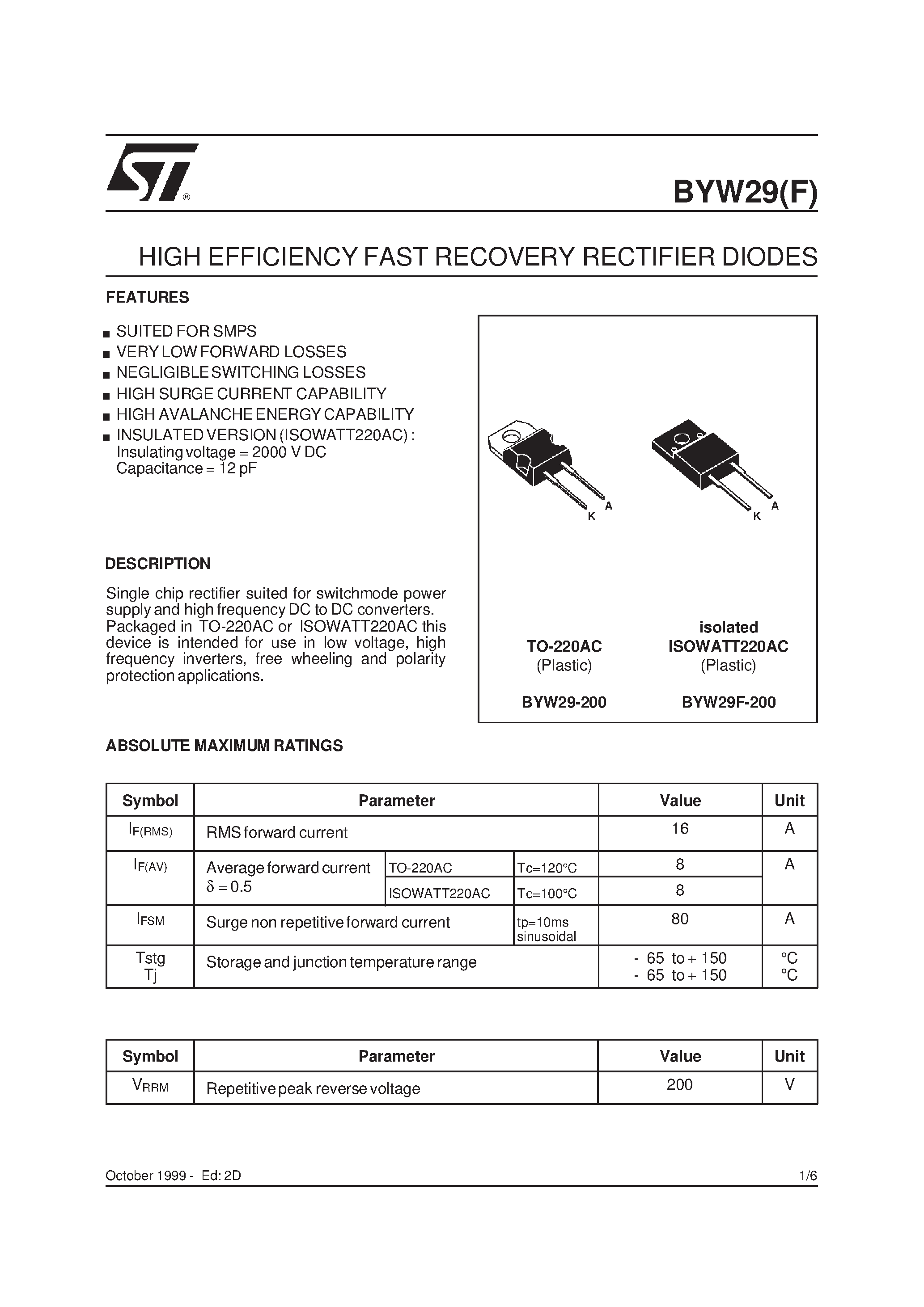 Даташит BYW29F-200 - HIGH EFFICIENCY FAST RECOVERY RECTIFIER DIODES страница 1