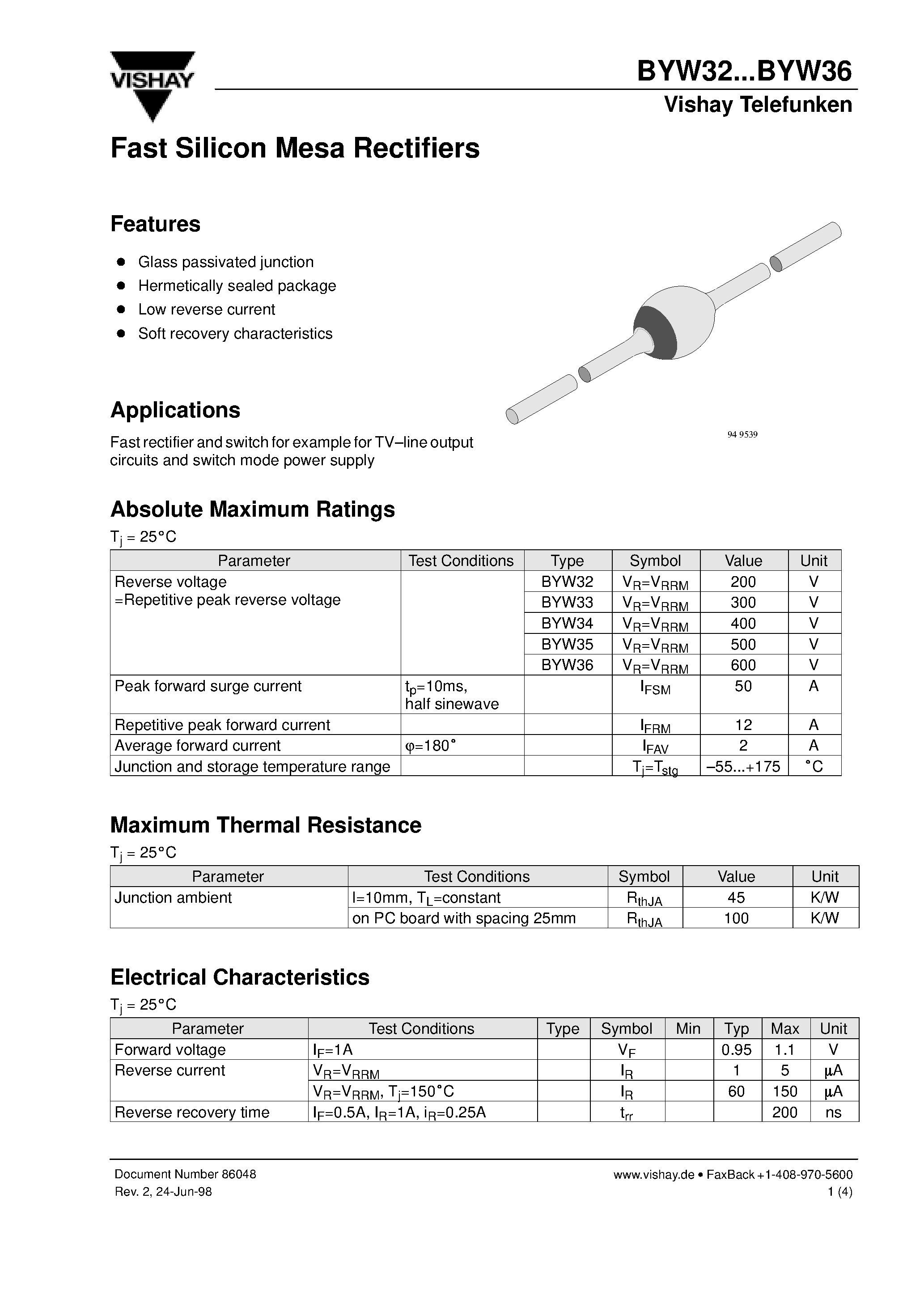 Datasheet BYW32 - Fast Silicon Mesa Rectifiers page 1