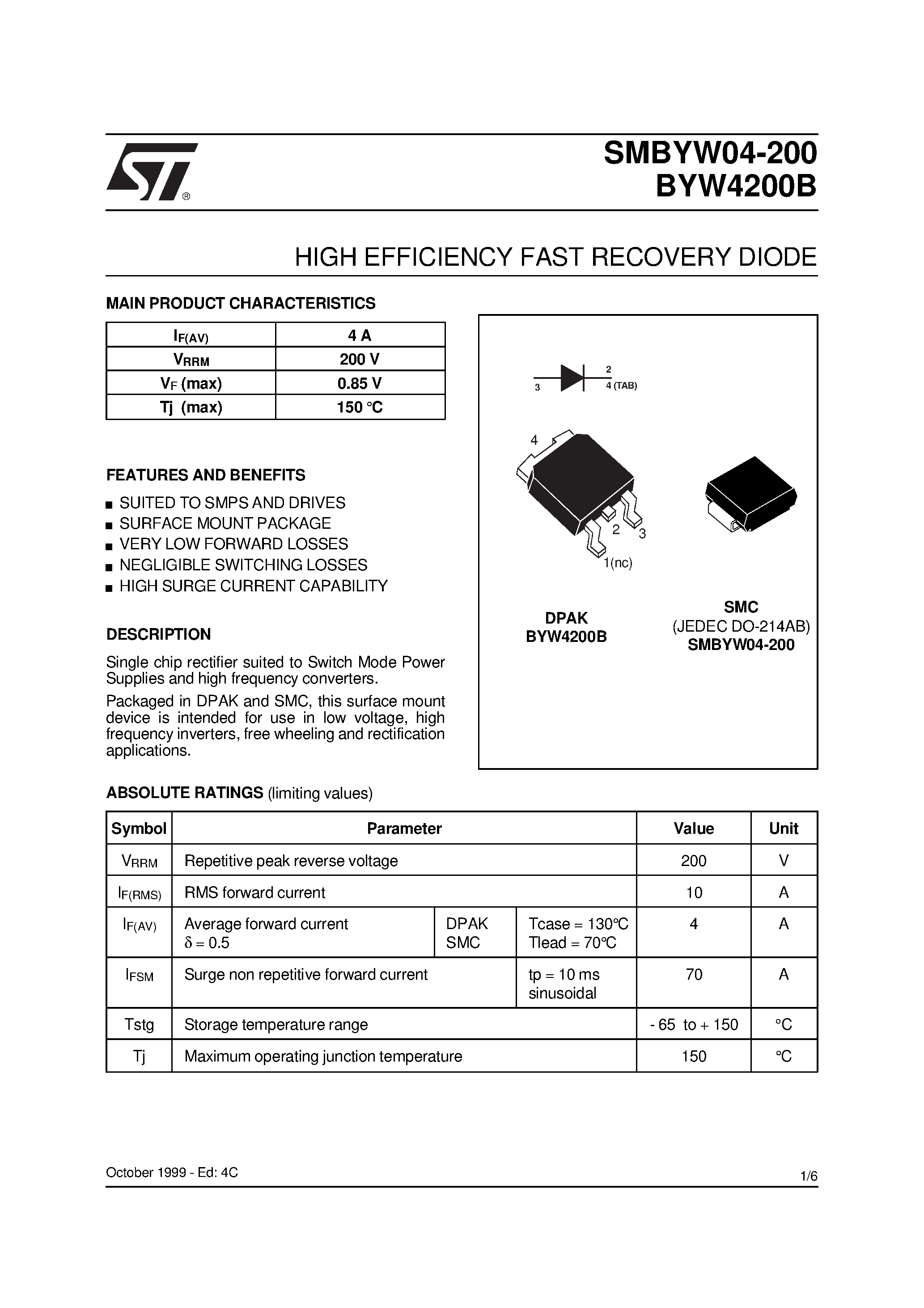 Datasheet BYW4200B-RL - HIGH EFFICIENCY FAST RECOVERY DIODE page 1