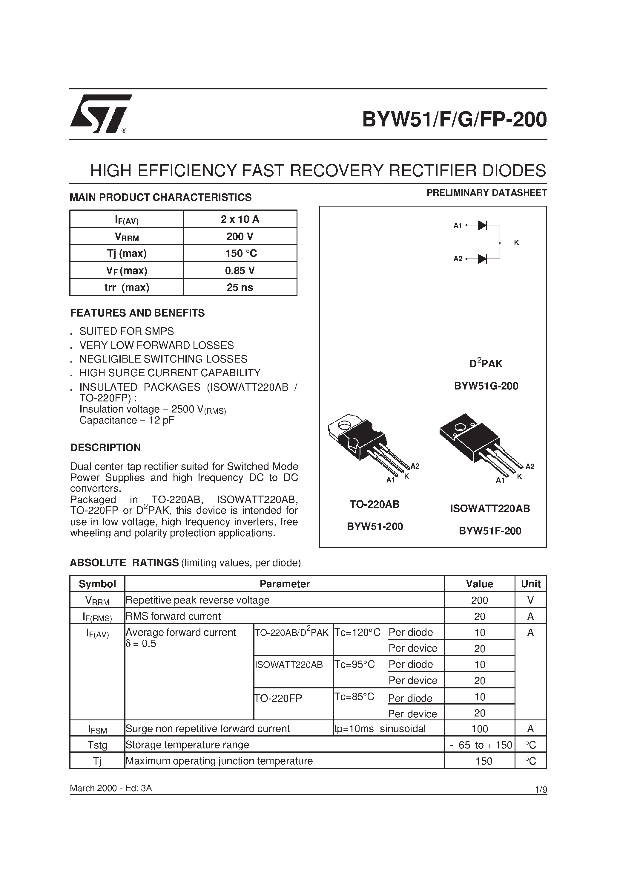 Datasheet BYW51F page 1 Datasheet BYW51F - HIGH EFFICIENCY FAST RECOVERY RECTIFIER DIODES page 1