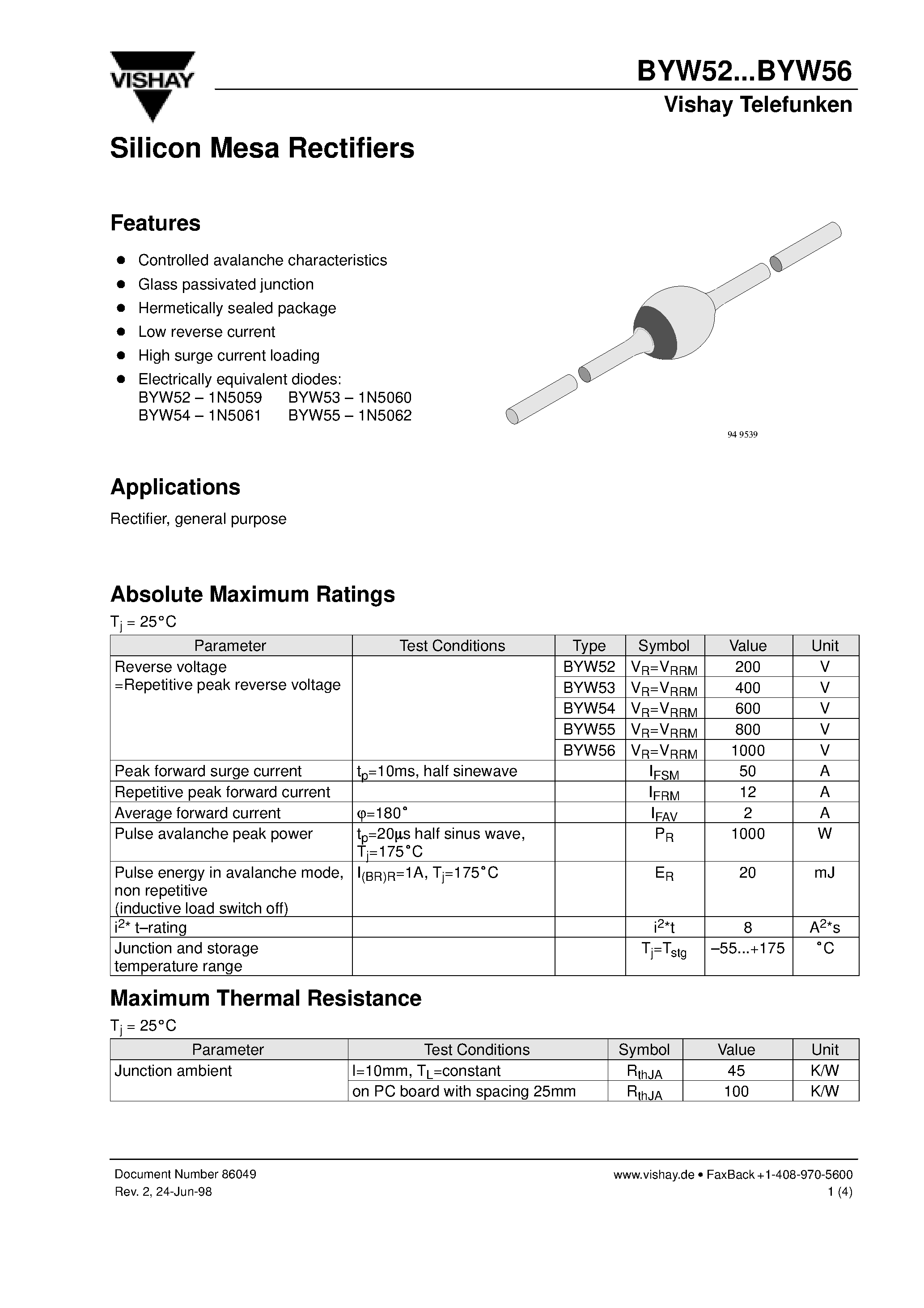 Datasheet BYW56 page 1 Datasheet BYW56 - Silicon Mesa Rectifiers page 1