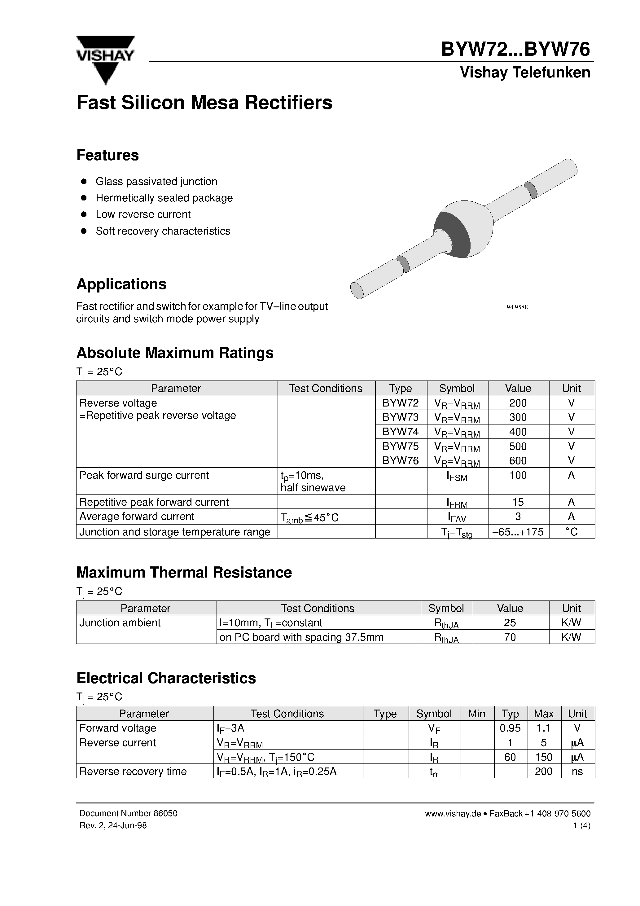 Datasheet BYW74 page 1 Datasheet BYW74 - Fast Silicon Mesa Rectifiers page 1