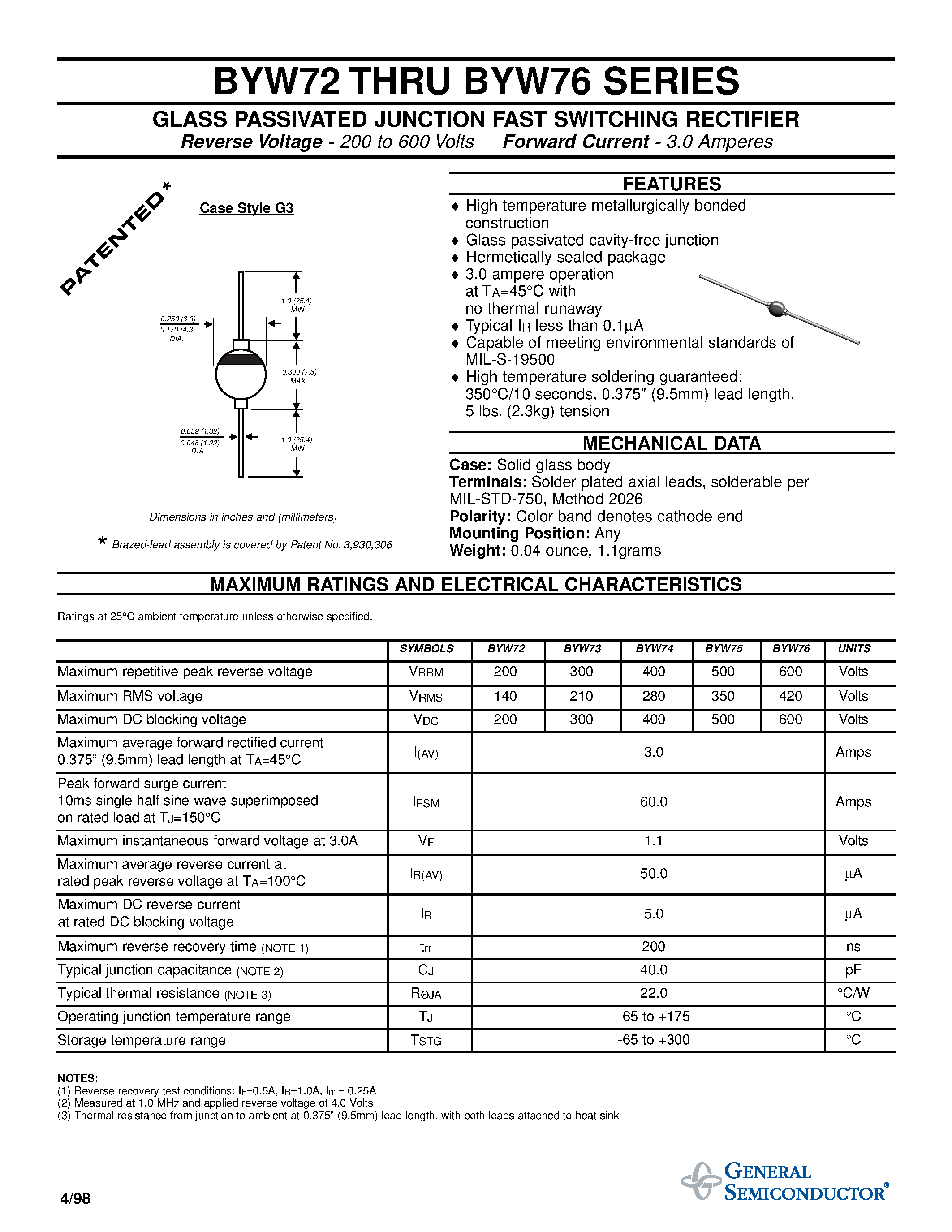 Datasheet BYW76 page 1 Datasheet BYW76 - GLASS PASSIVATED JUNCTION FAST SWITCHING RECTIFIER page 1