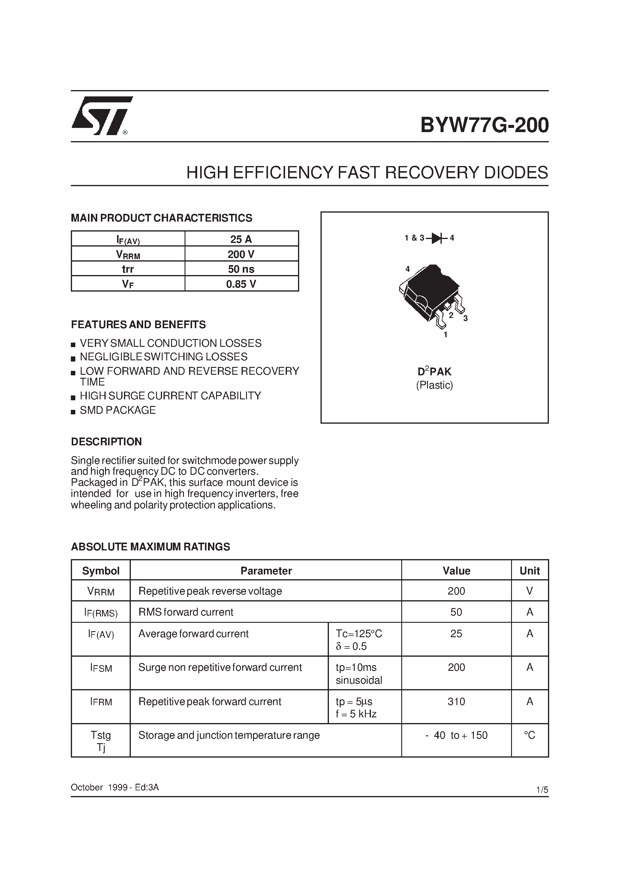 Datasheet BYW77 page 1 Datasheet BYW77 - HIGH EFFICIENCY FAST RECOVERY RECTIFIER DIODES page 1