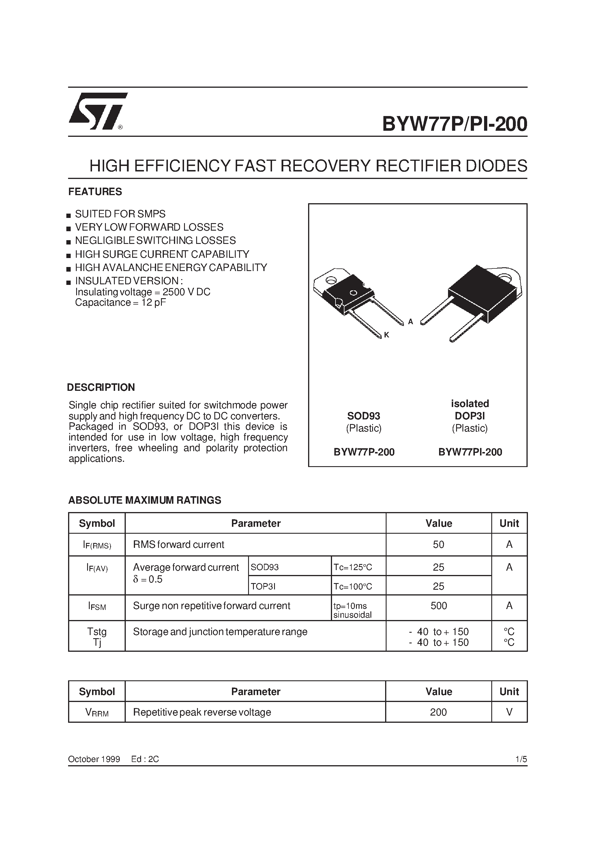 Datasheet BYW77P200 page 1 Datasheet BYW77P200 - HIGH EFFICIENCY FAST RECOVERY RECTIFIER DIODES page 1
