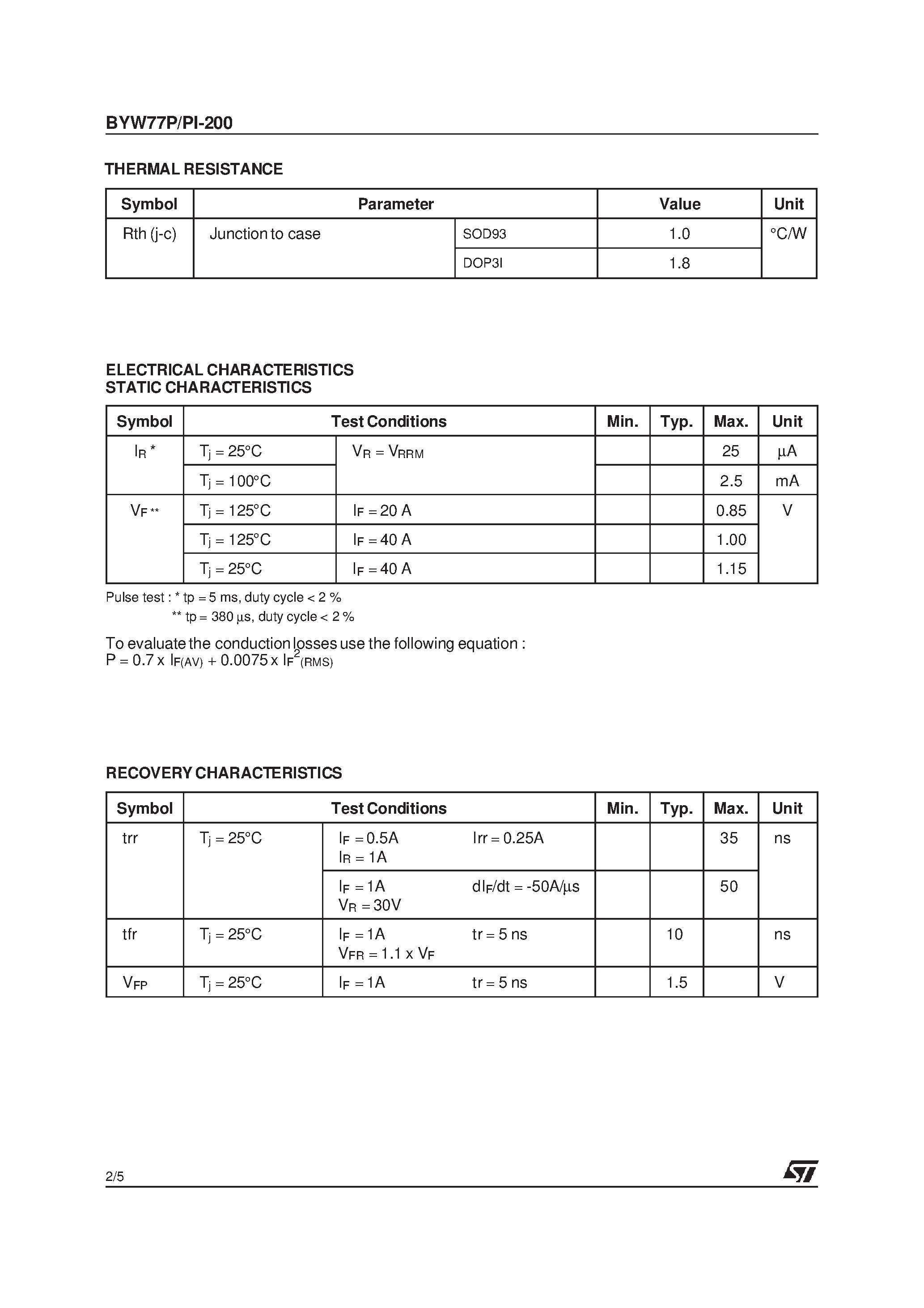 Datasheet BYW77PI200 page 2 Datasheet BYW77PI200 - HIGH EFFICIENCY FAST RECOVERY RECTIFIER DIODES page 2