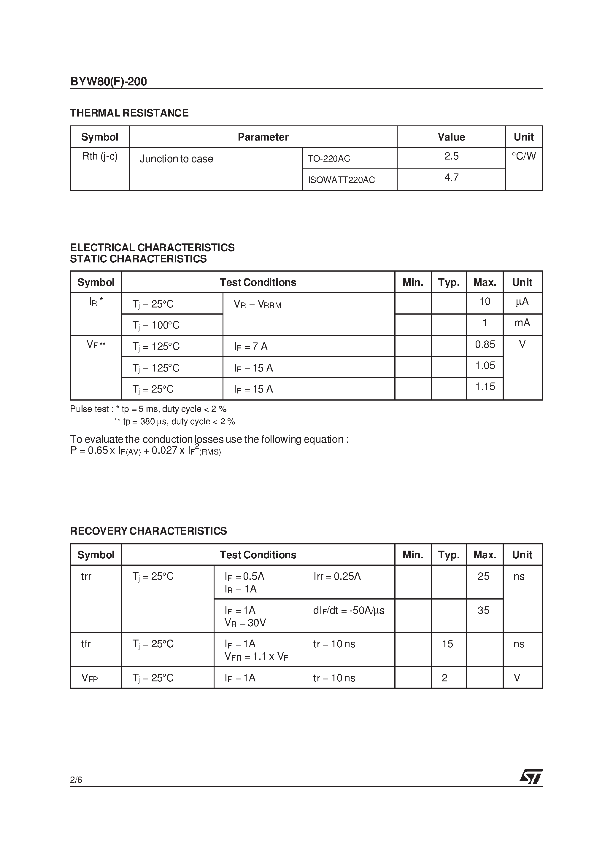 Datasheet BYW80-200 - HIGH EFFICIENCY FAST RECOVERY RECTIFIER DIODES page 2