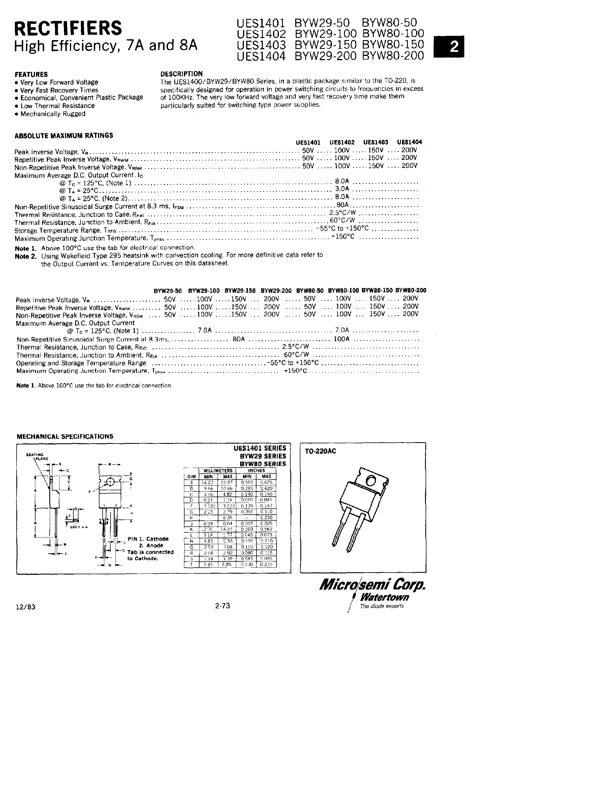 Datasheet BYW80-50 page 1 Datasheet BYW80-50 - RECTIFIERS page 1