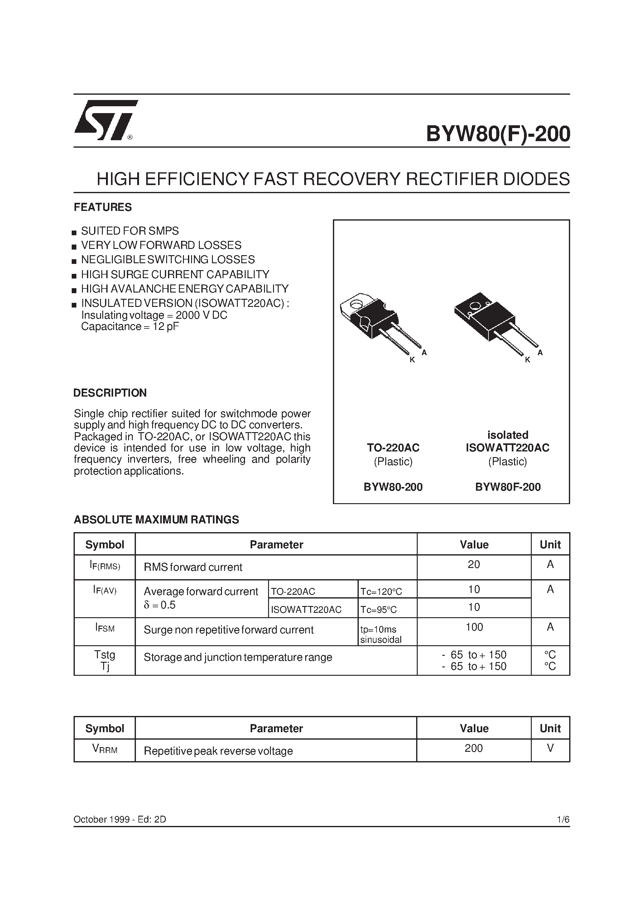 Datasheet BYW80F200 - HIGH EFFICIENCY FAST RECOVERY RECTIFIER DIODES page 1