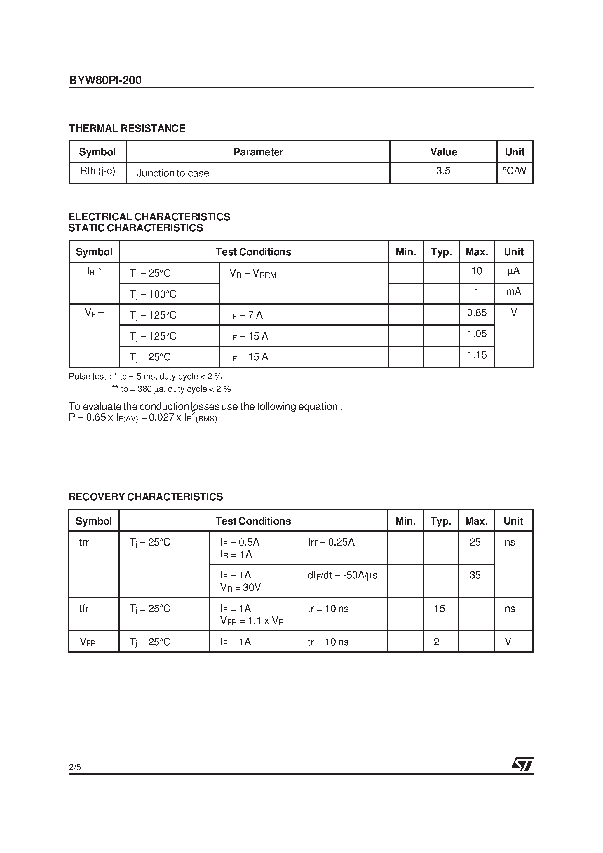 Datasheet BYW80PI-200 page 2 Datasheet BYW80PI-200 - HIGH EFFICIENCY FAST RECOVERY RECTIFIER DIODES page 2