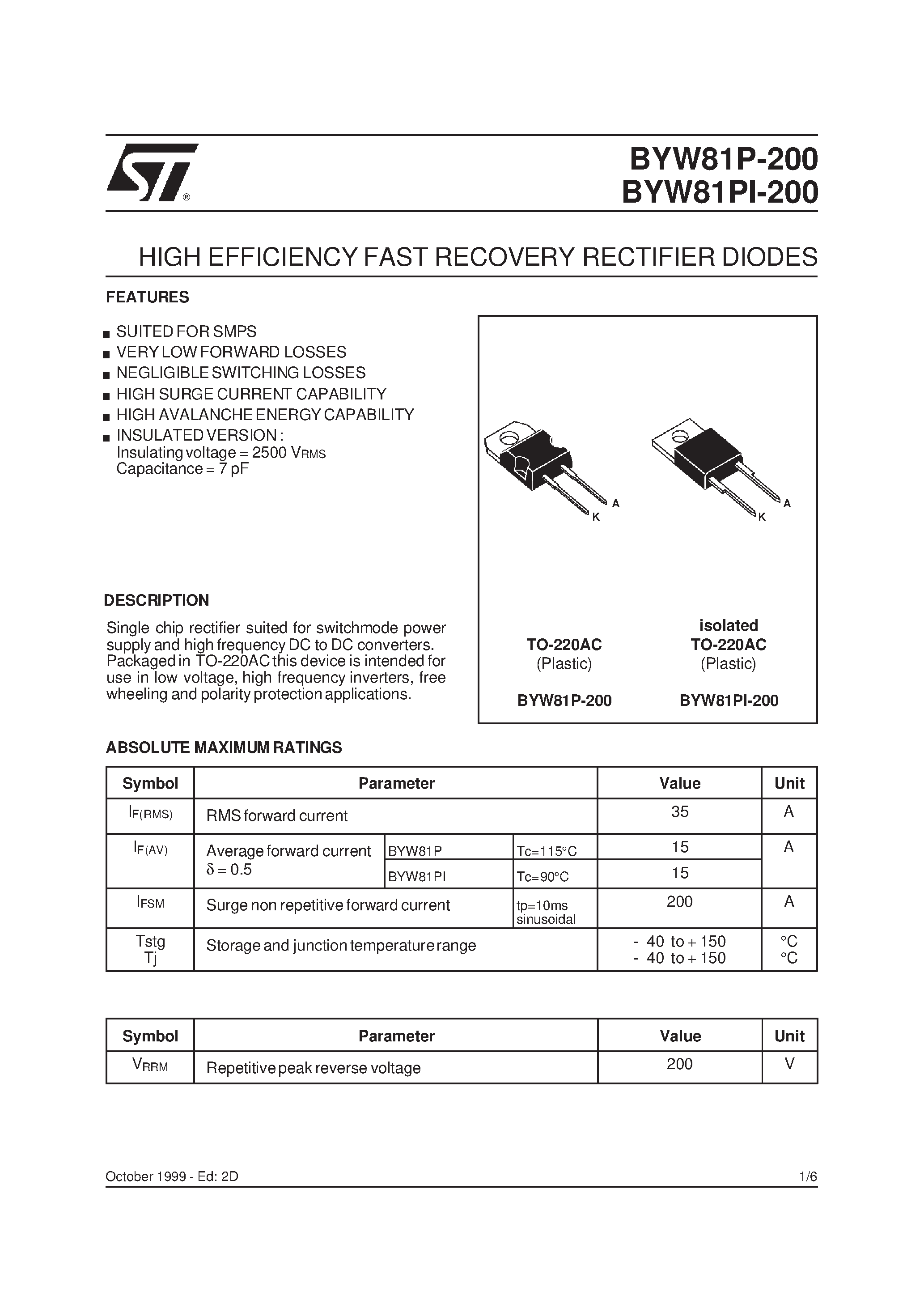 Datasheet BYW81P200 page 1 Datasheet BYW81P200 - HIGH EFFICIENCY FAST RECOVERY RECTIFIER DIODES page 1