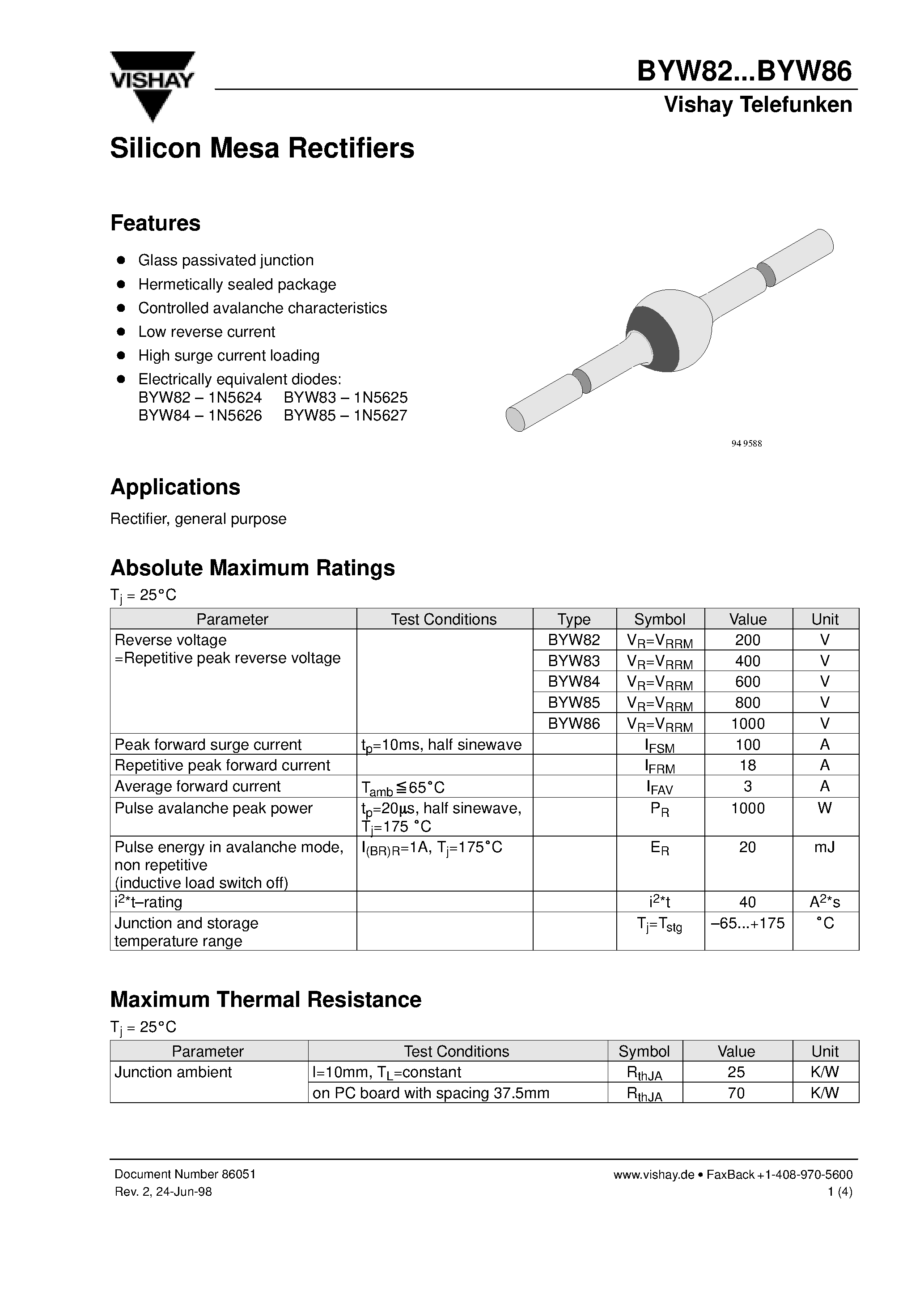 Datasheet BYW85 page 1 Datasheet BYW85 - Silicon Mesa Rectifiers page 1