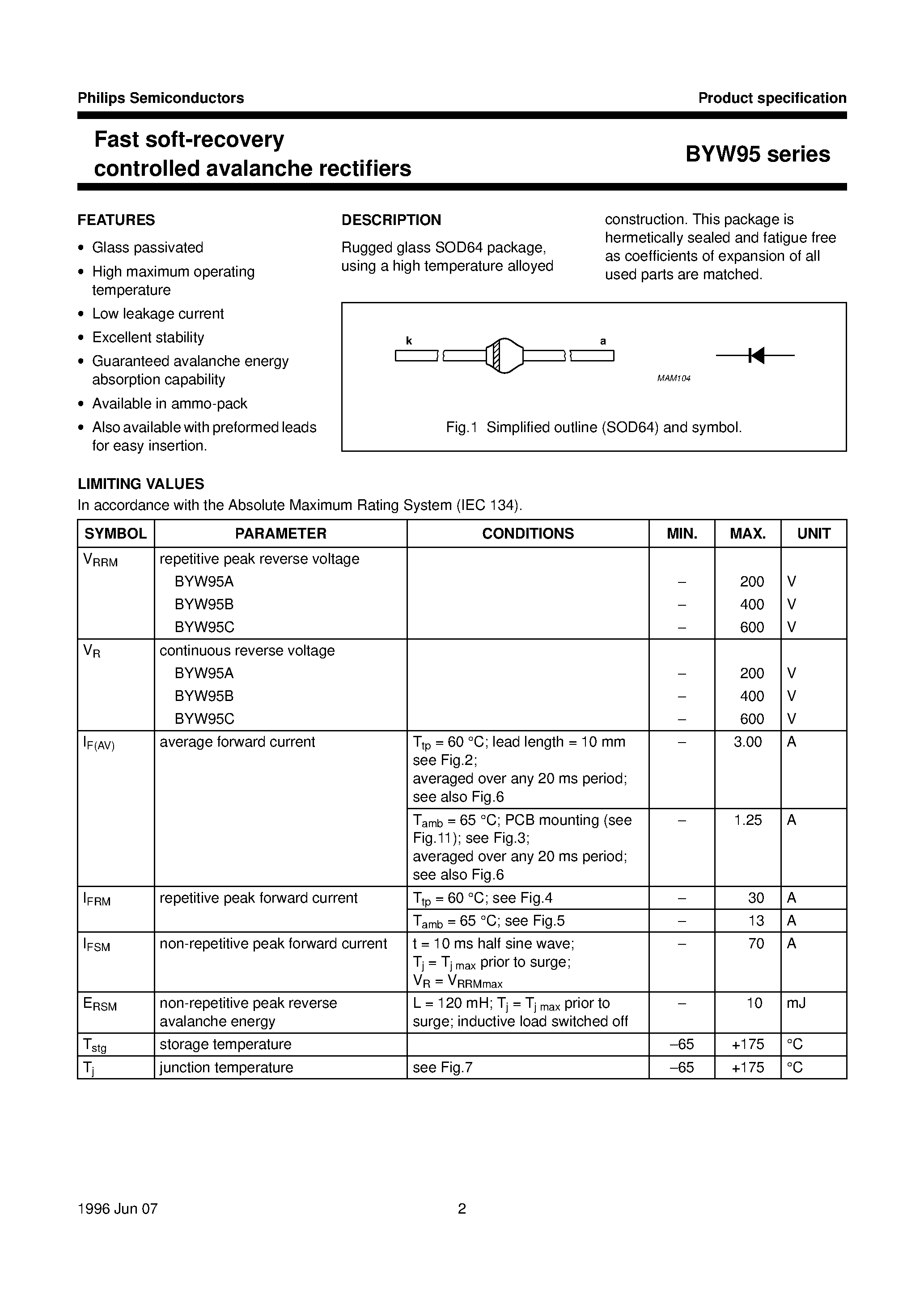 Datasheet BYW95A page 2 Datasheet BYW95A - Fast soft-recovery controlled avalanche rectifiers page 2