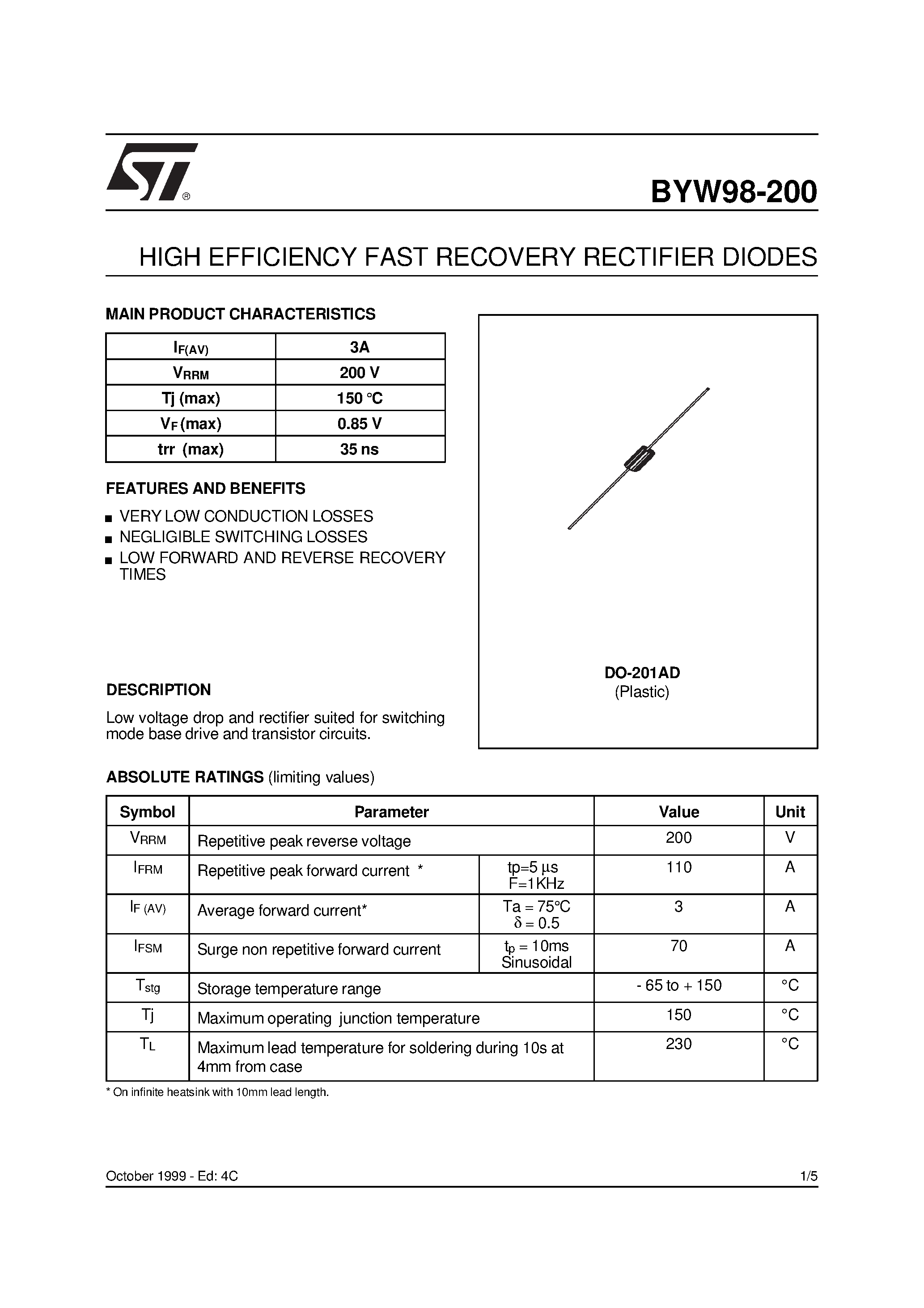 Datasheet BYW98 page 1 Datasheet BYW98 - HIGH EFFICIENCY FAST RECOVERY RECTIFIER DIODES page 1