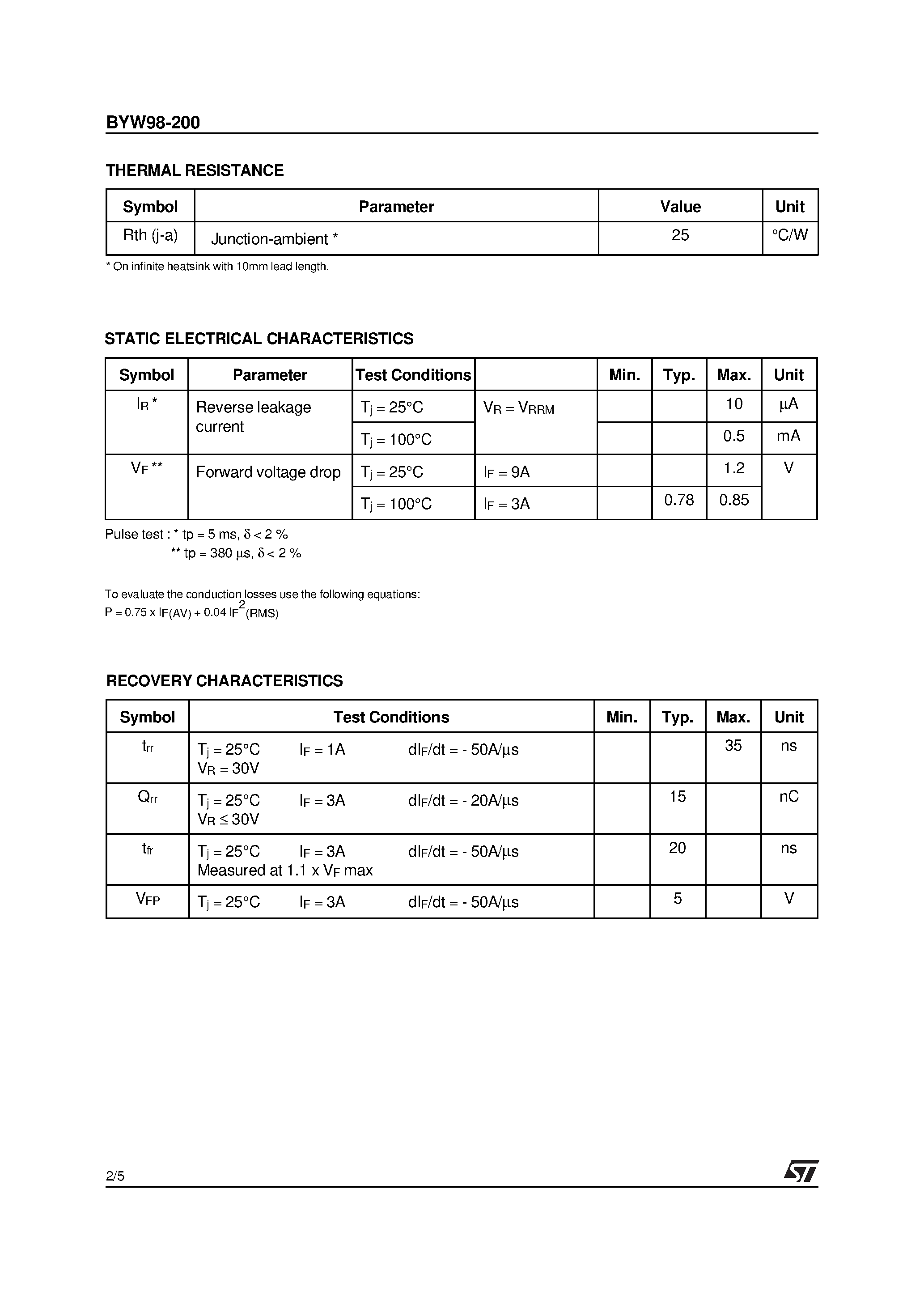 Datasheet BYW98-200 page 2 Datasheet BYW98-200 - HIGH EFFICIENCY FAST RECOVERY RECTIFIER DIODES page 2