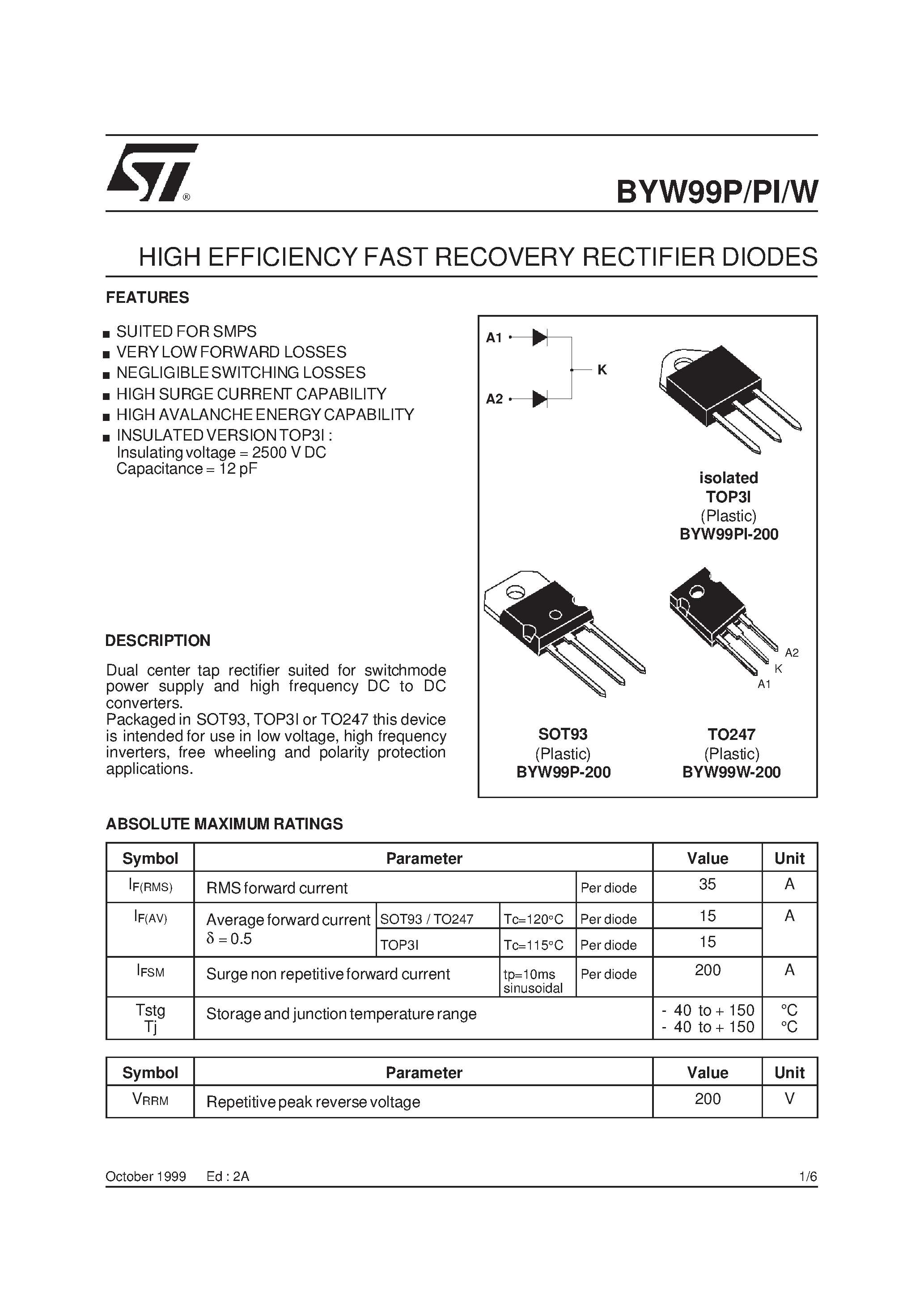 Datasheet BYW99W page 1 Datasheet BYW99W - HIGH EFFICIENCY FAST RECOVERY RECTIFIER DIODES page 1