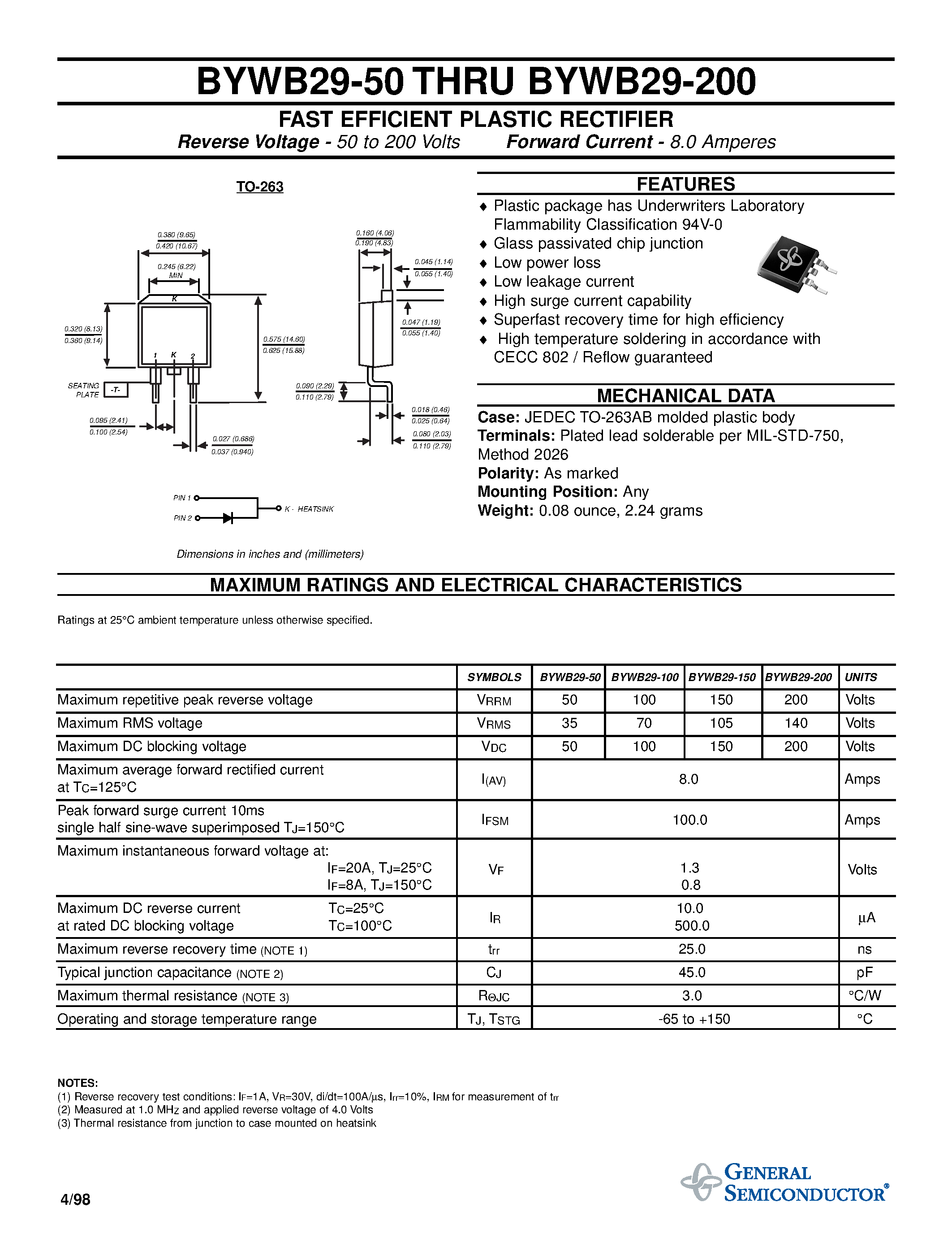 Datasheet BYWB29-50 page 1 Datasheet BYWB29-50 - FAST EFFICIENT PLASTIC RECTIFIER page 1