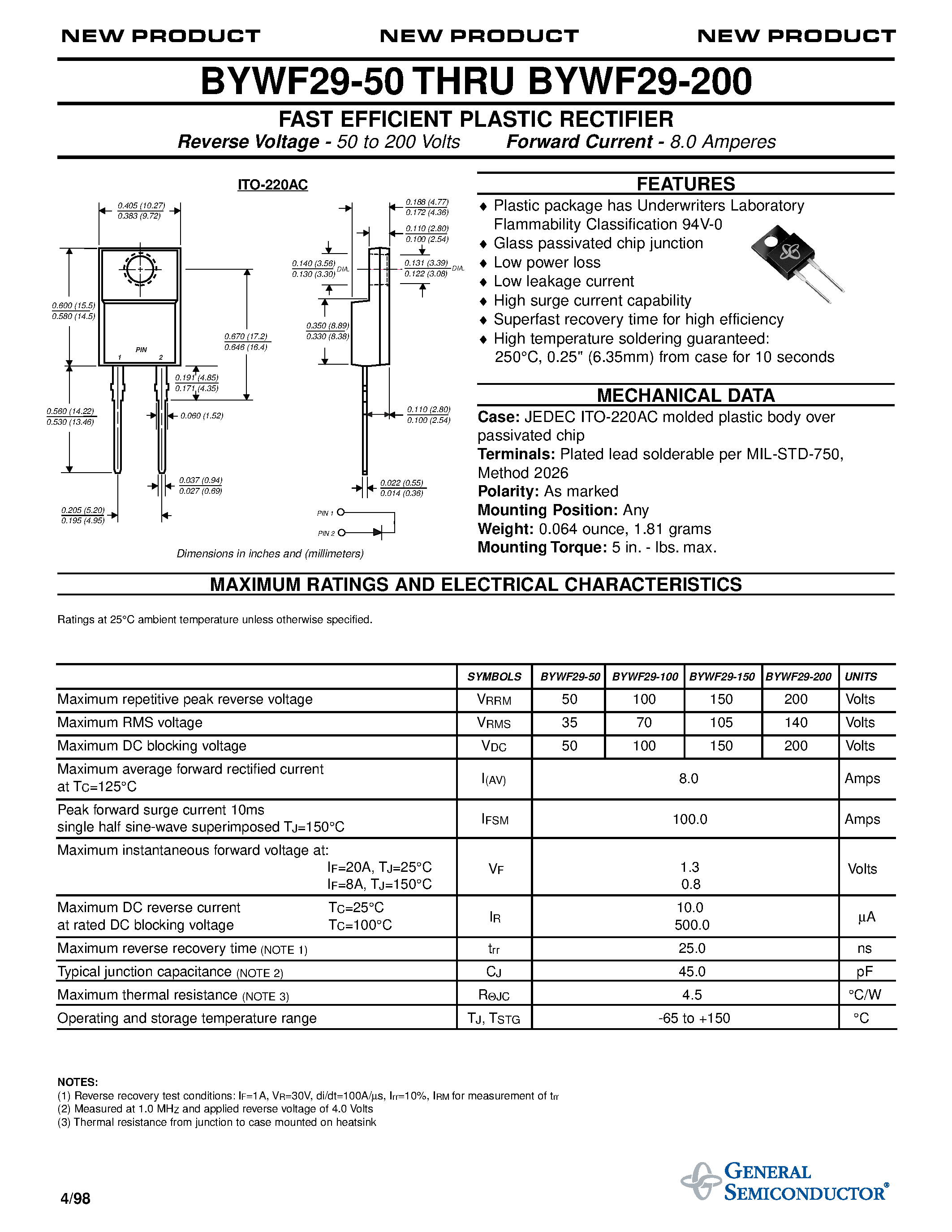 Datasheet BYWF29-150 page 1 Datasheet BYWF29-150 - FAST EFFICIENT PLASTIC RECTIFIER page 1