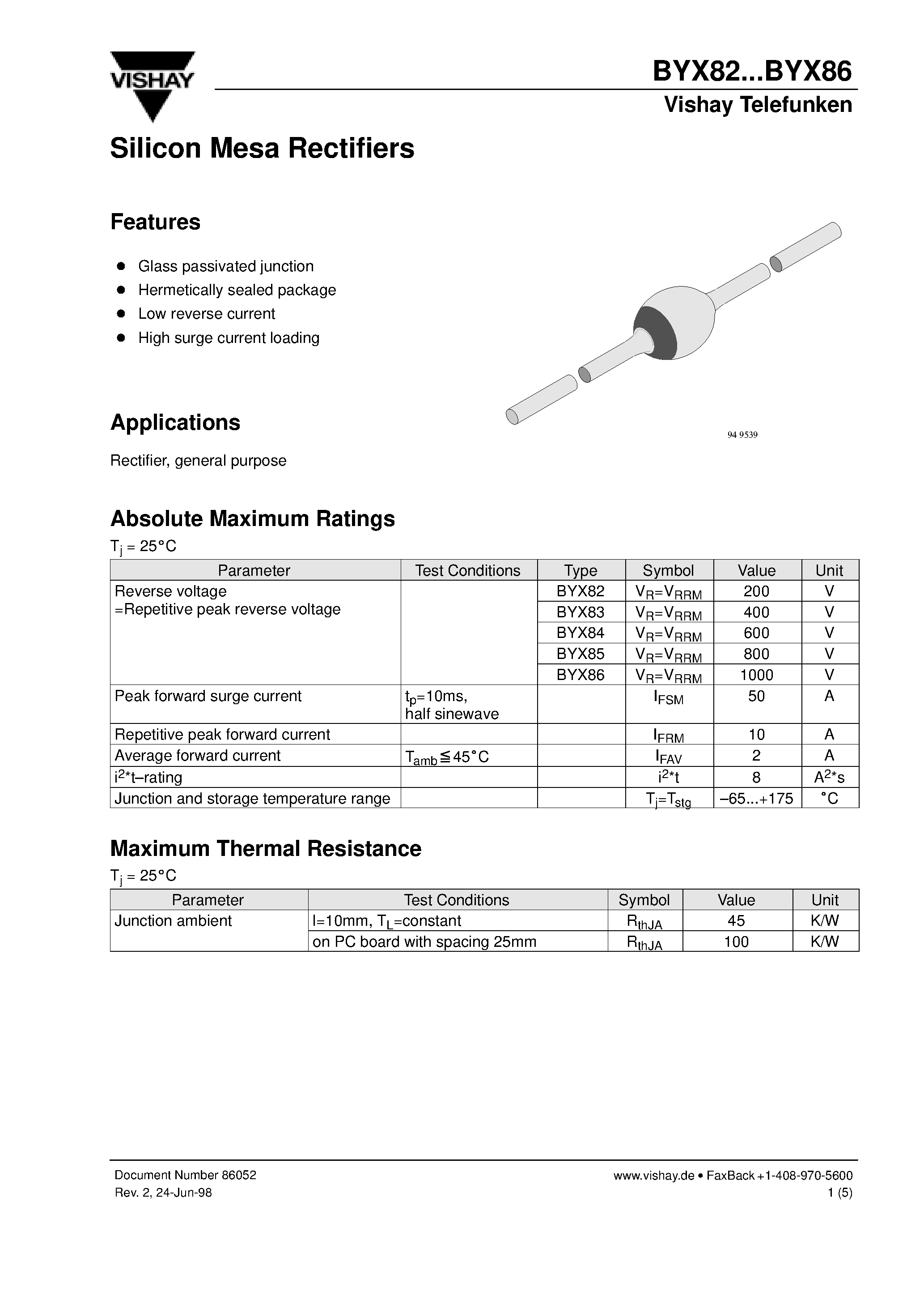 Datasheet BYX82 page 1 Datasheet BYX82 - Silicon Mesa Rectifiers page 1