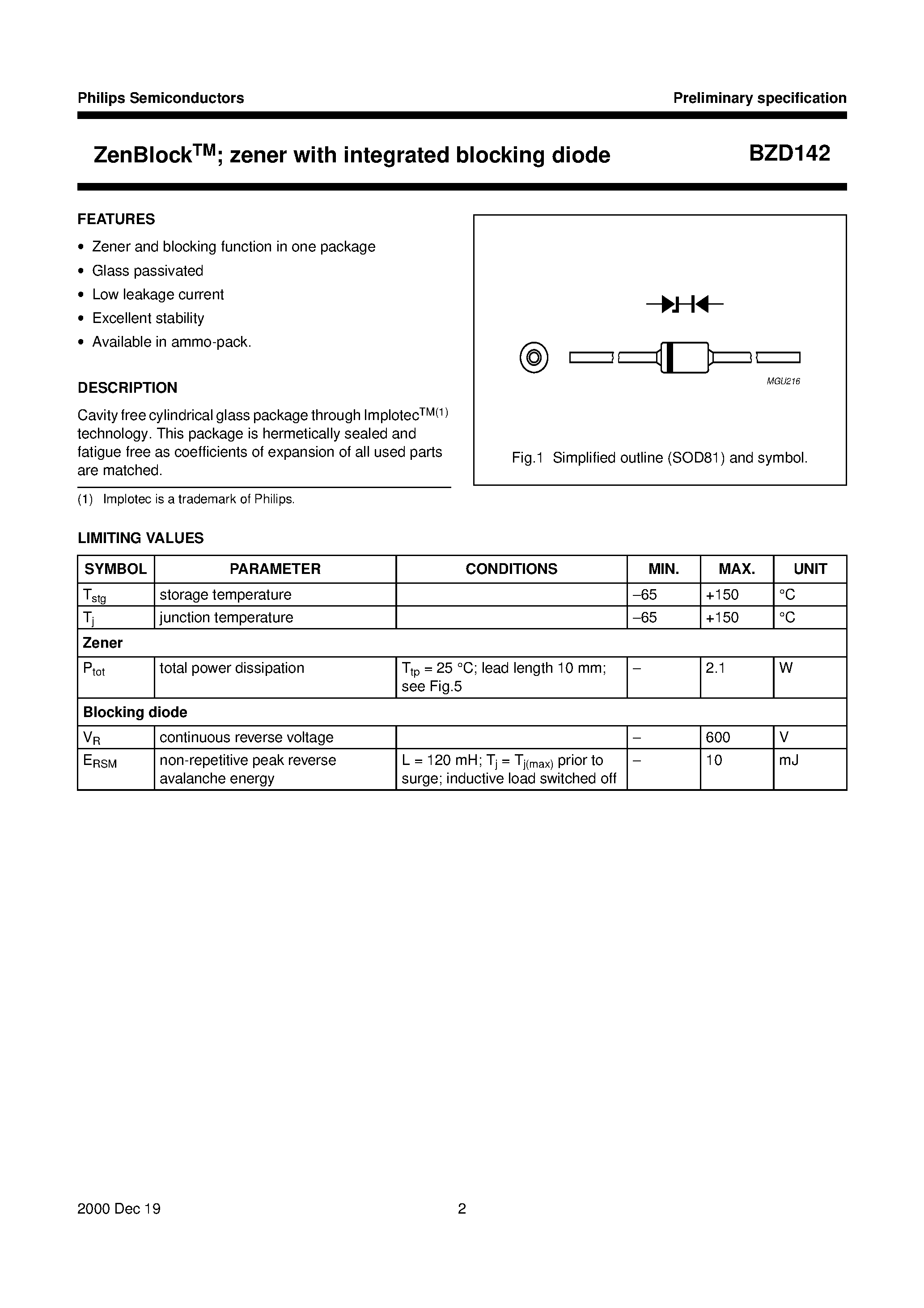 Datasheet BZD142-75 - ZenBlockTM; zener with integrated blocking diode page 2