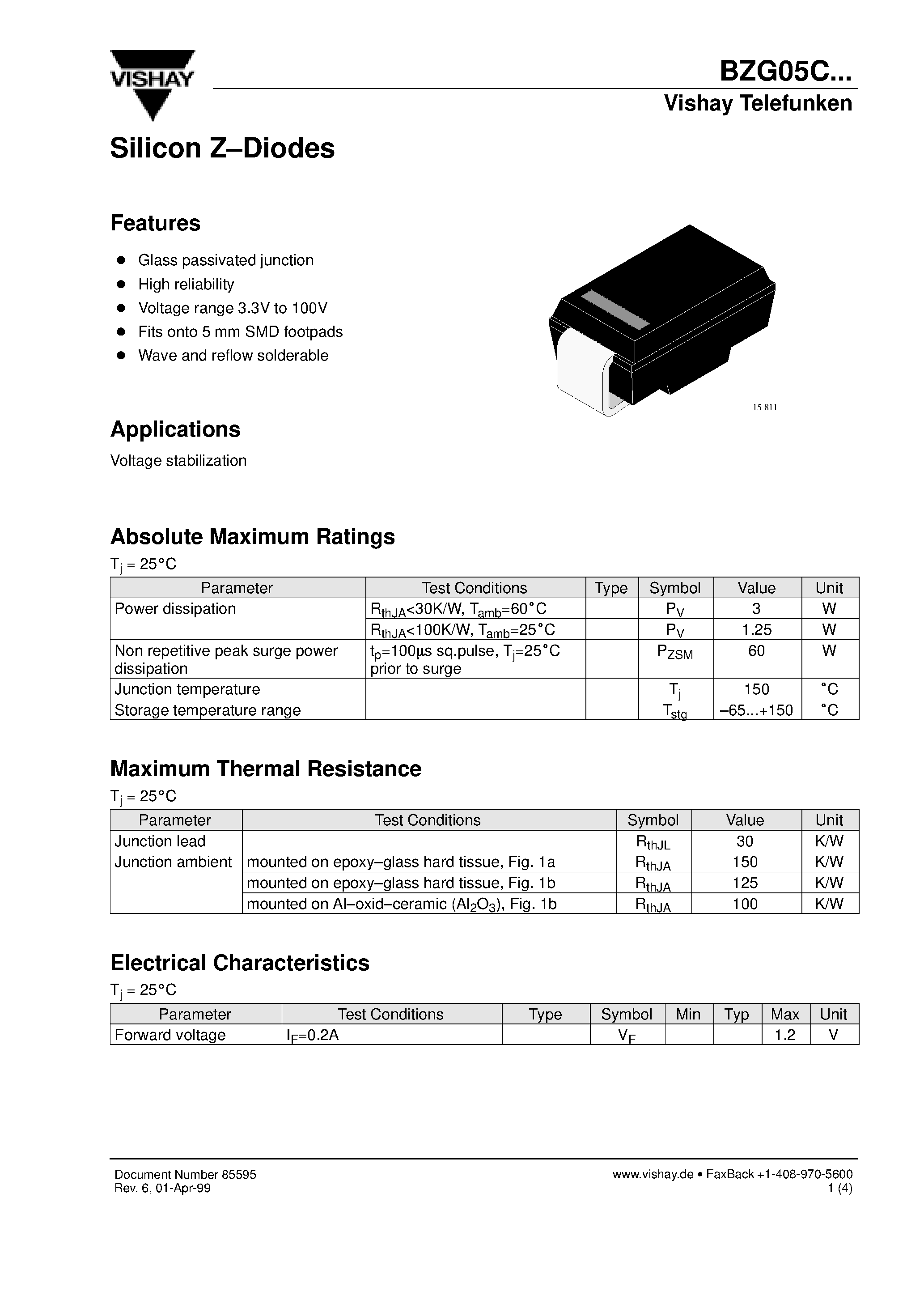Datasheet BZG05C33 page 1 Datasheet BZG05C33 - Silicon Z-Diodes page 1