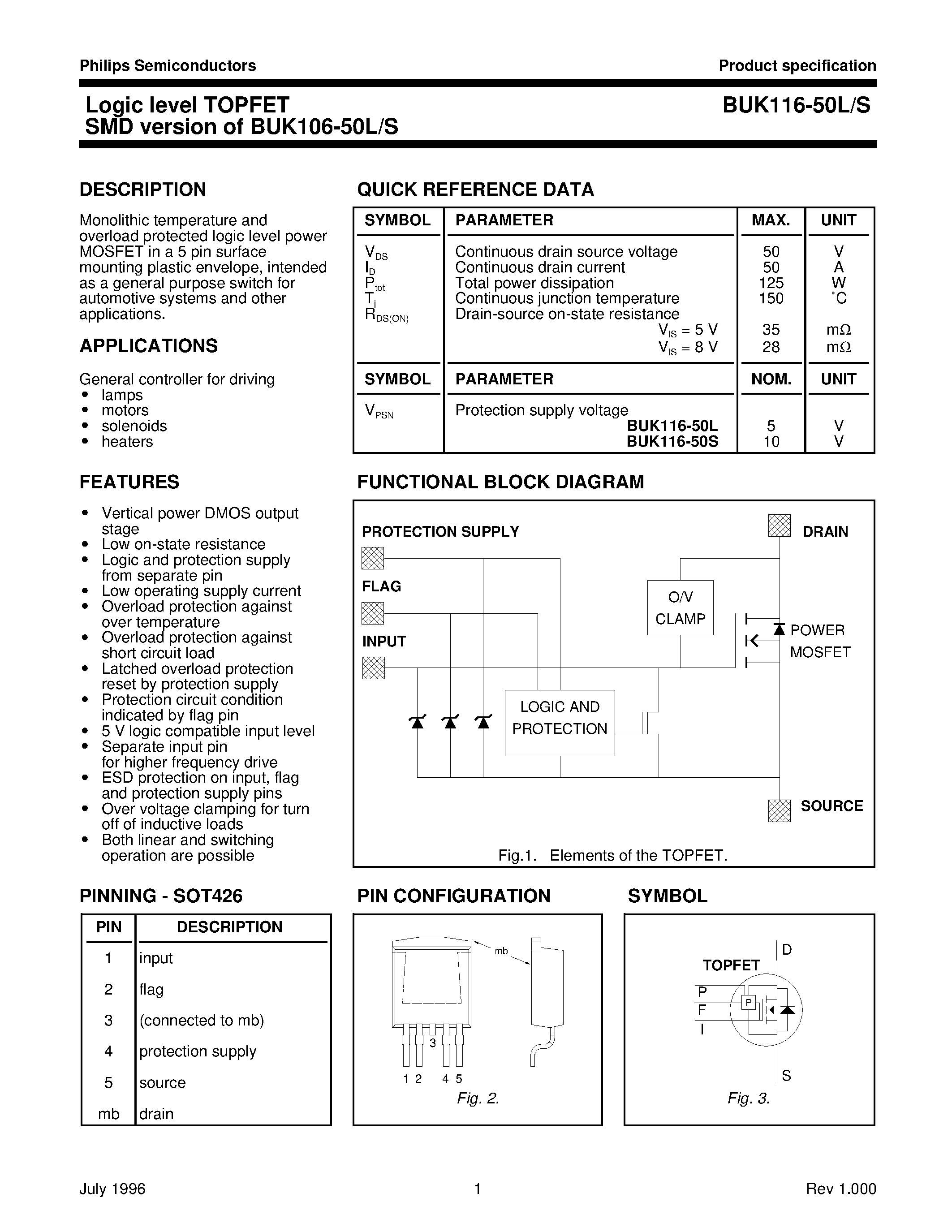 Datasheet BUK116-50L page 1 Datasheet BUK116-50L - Logic level TOPFET SMD version of BUK106-50L/S page 1