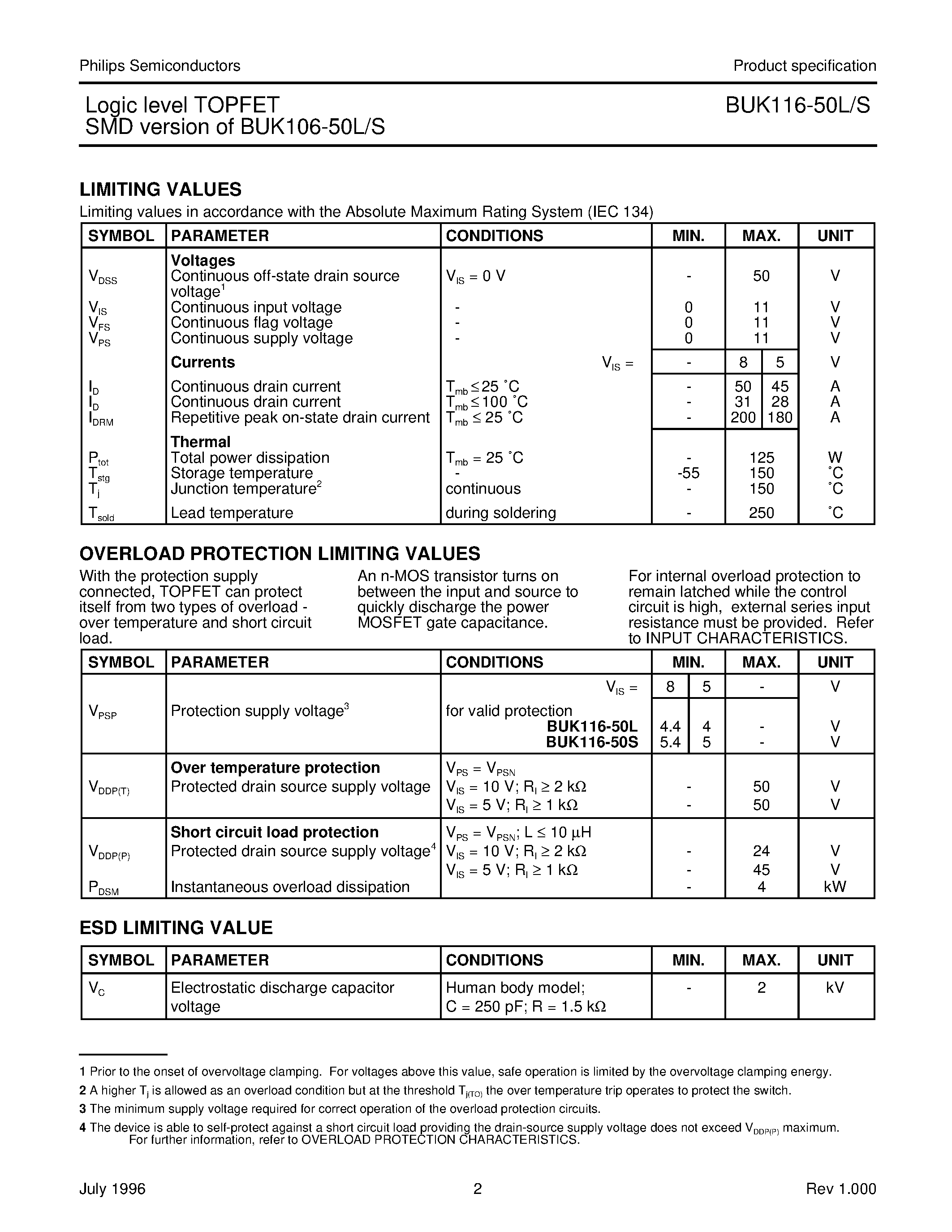 Datasheet BUK116-50S - Logic level TOPFET SMD version of BUK106-50L/S page 2