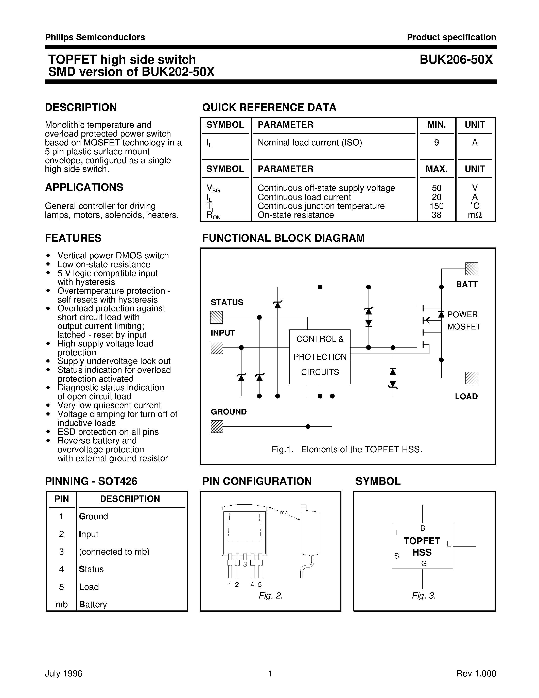 Даташит на микросхему BUK206-50X страница 1 Даташит BUK206-50X - TOPFET high side switch SMD version of BUK202-50X страница 1