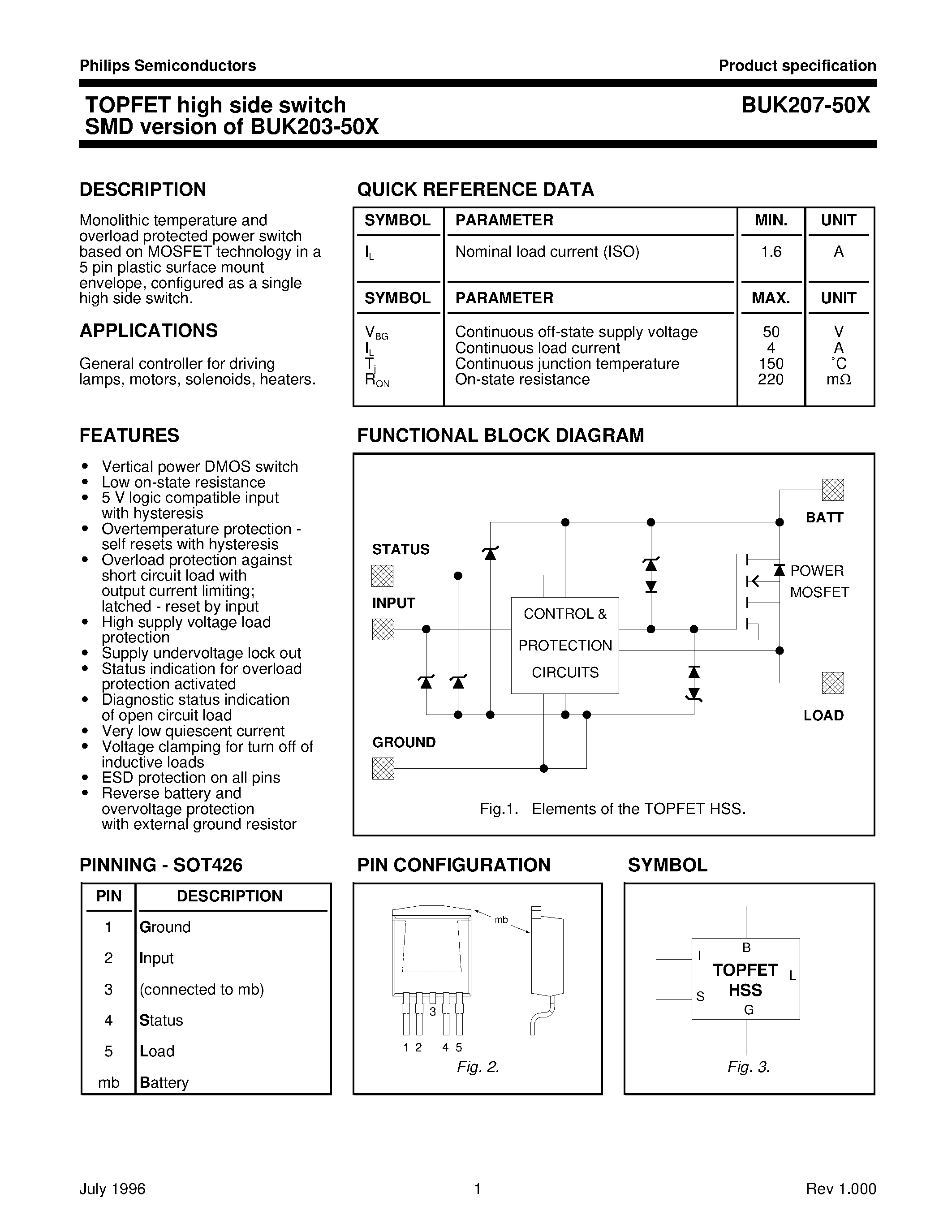 Даташит на микросхему BUK207-50X страница 1 Даташит BUK207-50X - TOPFET high side switch SMD version of BUK203-50X страница 1