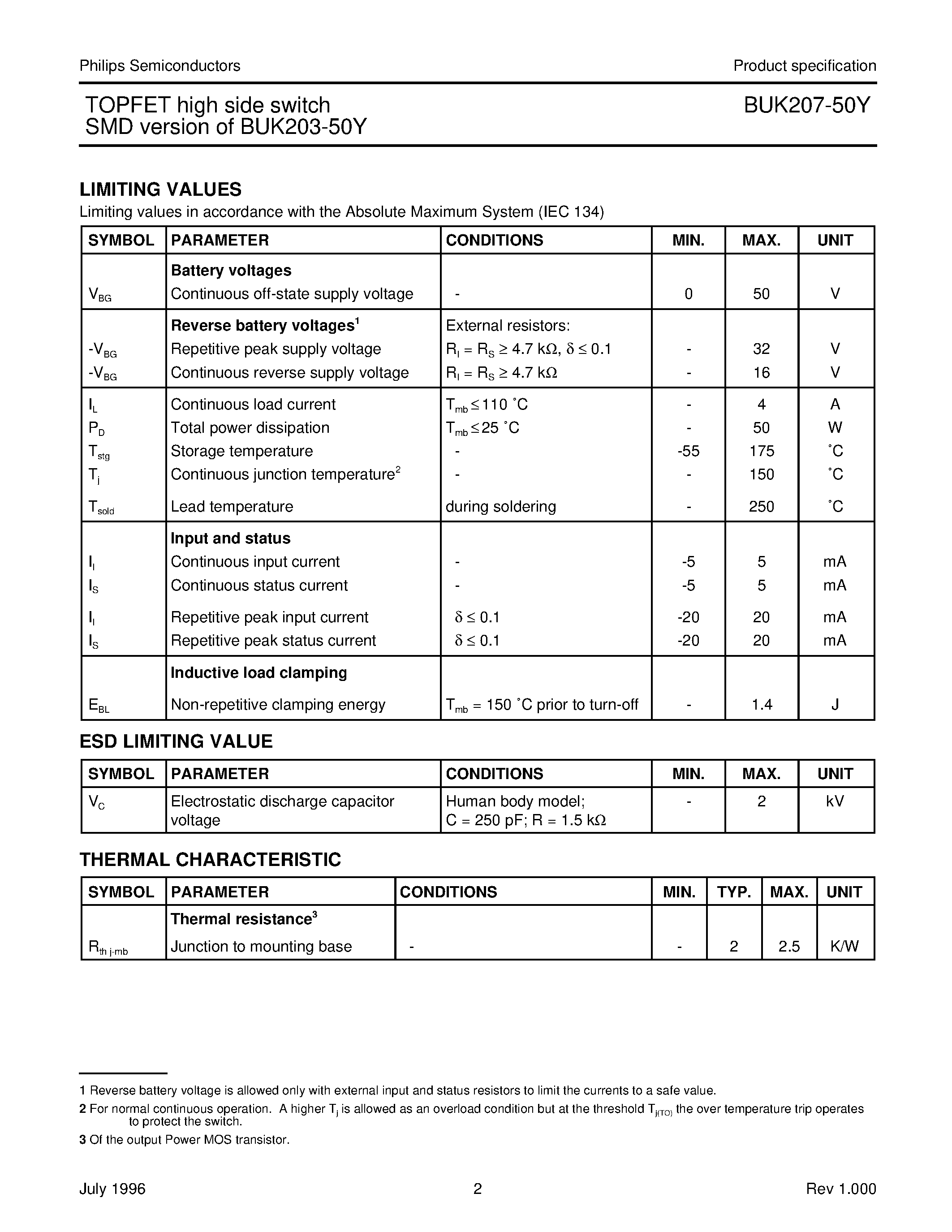 Даташит на микросхему BUK207-50Y страница 2 Даташит BUK207-50Y - TOPFET high side switch SMD version of BUK203-50Y страница 2