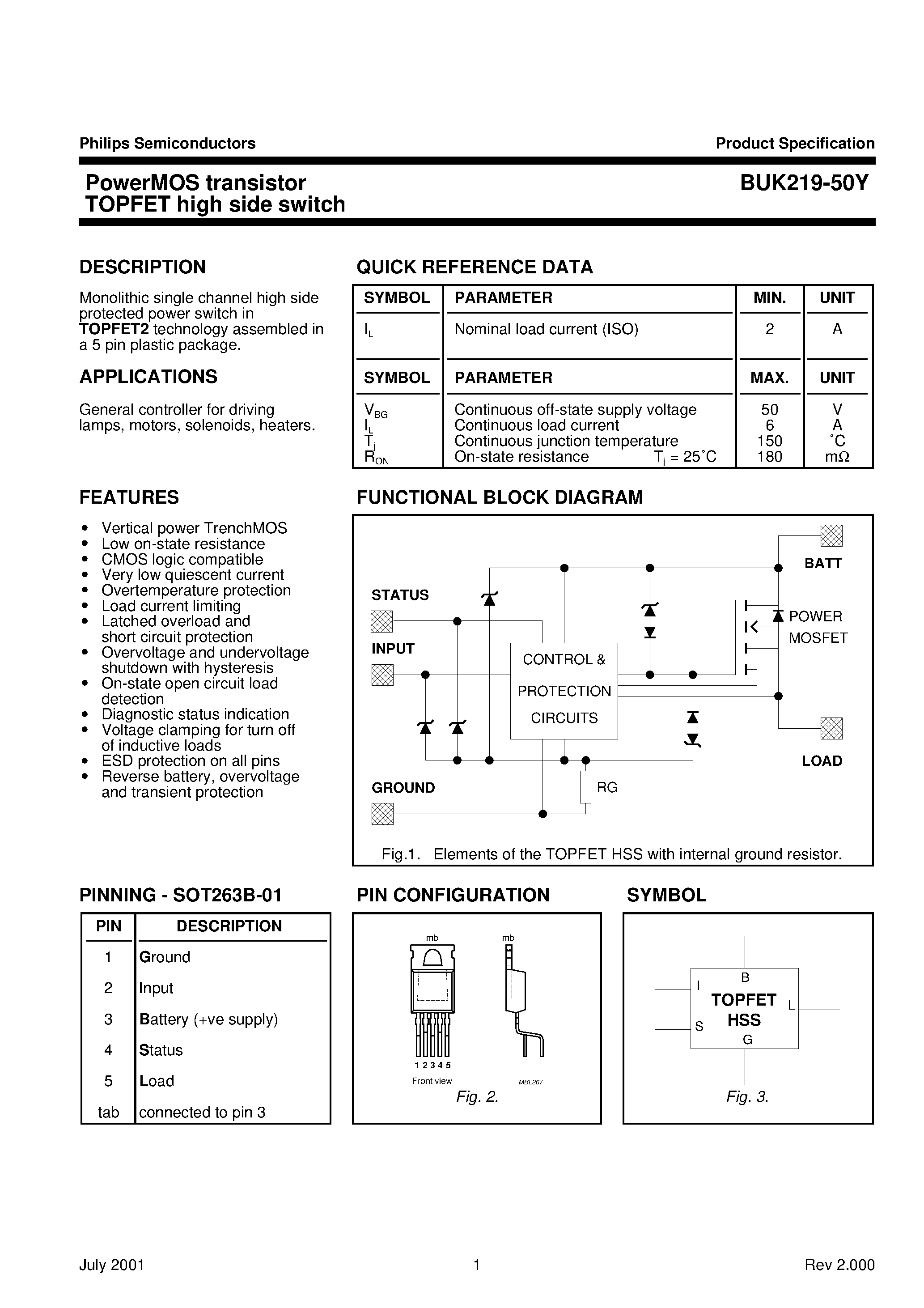 Даташит на микросхему BUK219-50Y страница 1 Даташит BUK219-50Y - PowerMOS transistor TOPFET high side switch страница 1