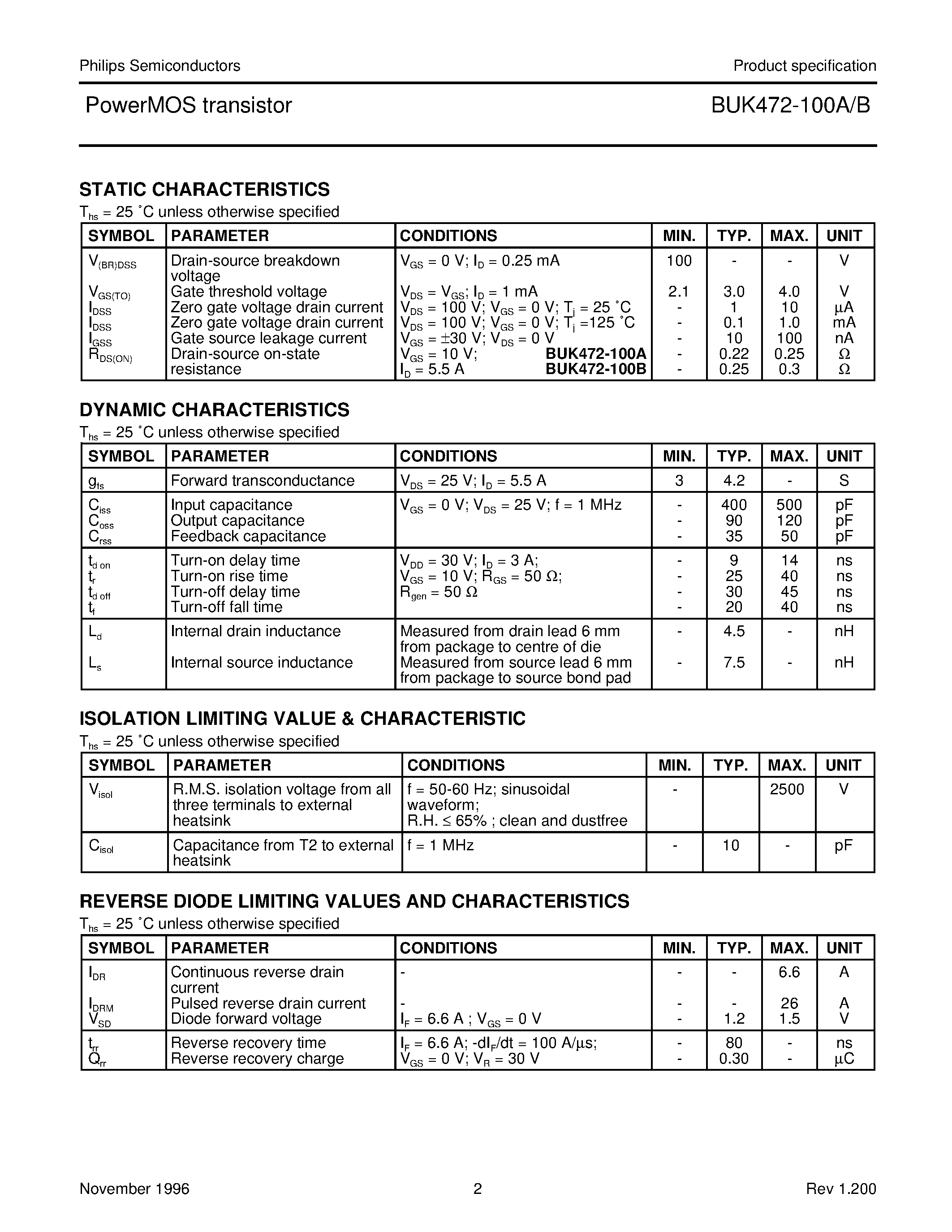 Datasheet BUK472-100B page 2 Datasheet BUK472-100B - PowerMOS transistor Isolated version of BUK452-100A/B page 2