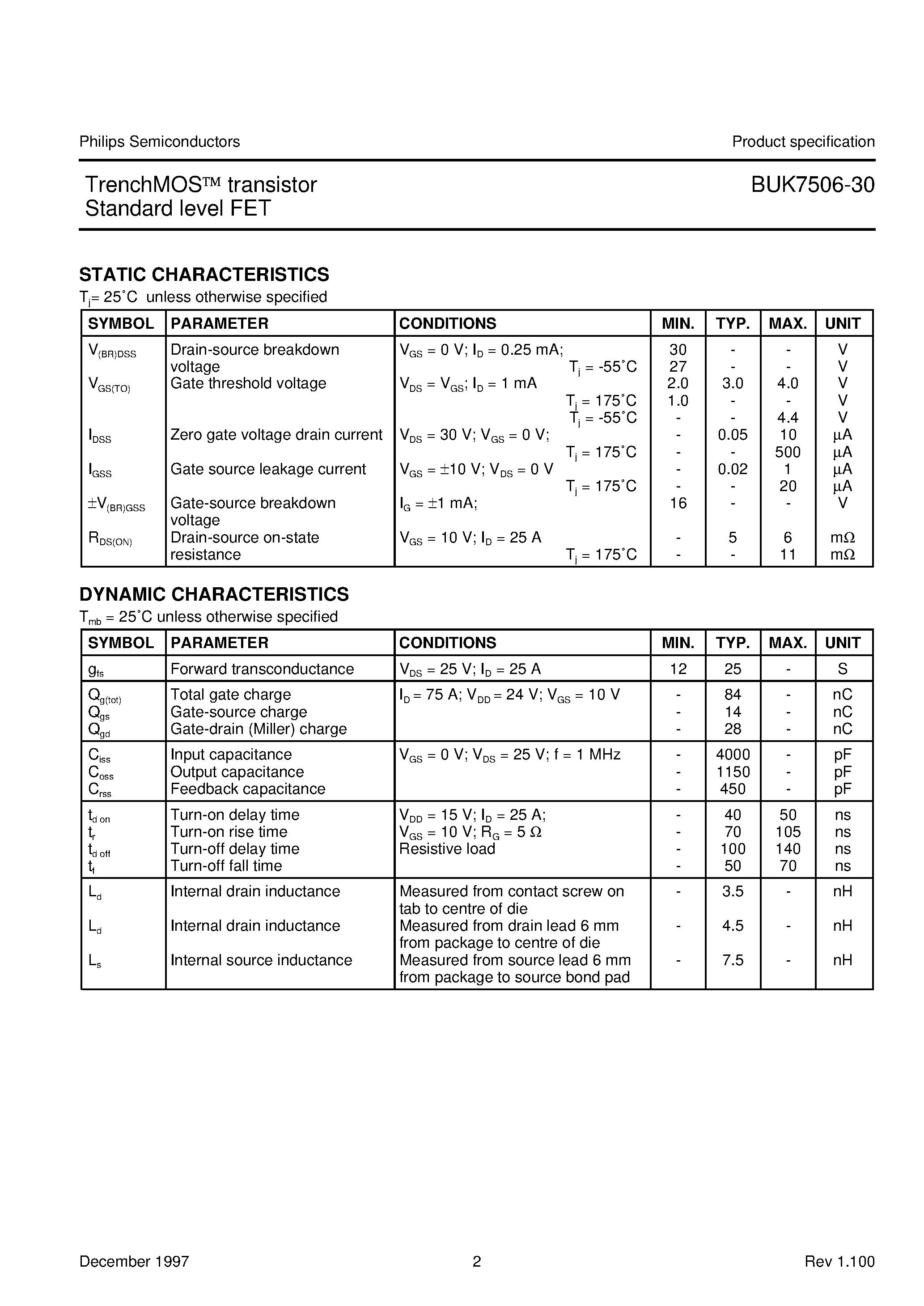 Даташит на микросхему BUK7506-30 страница 2 Даташит BUK7506-30 - TrenchMOS transistor Standard level FET страница 2