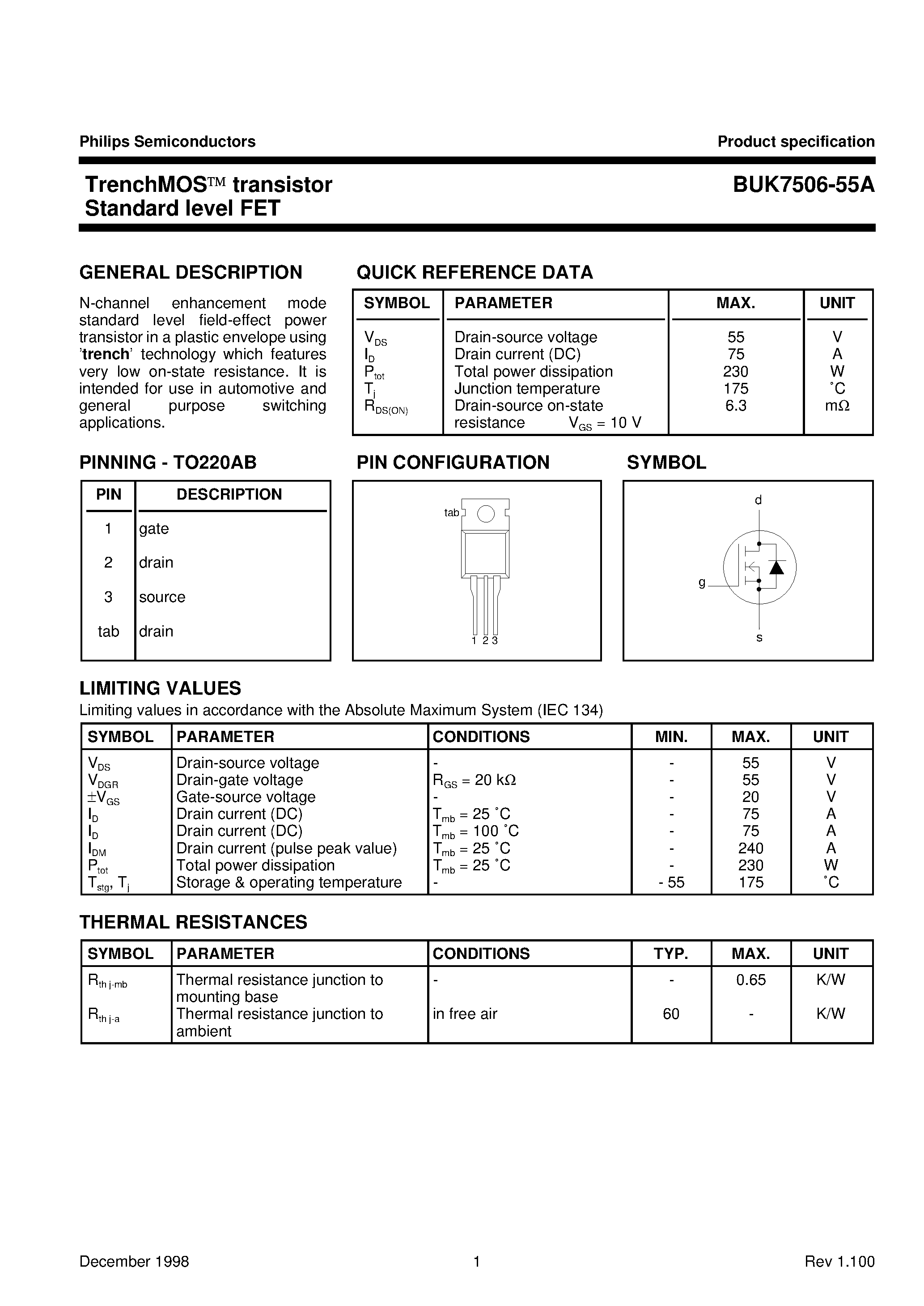 Даташит на микросхему BUK7506-55A страница 1 Даташит BUK7506-55A - TrenchMOS transistor Standard level FET страница 1