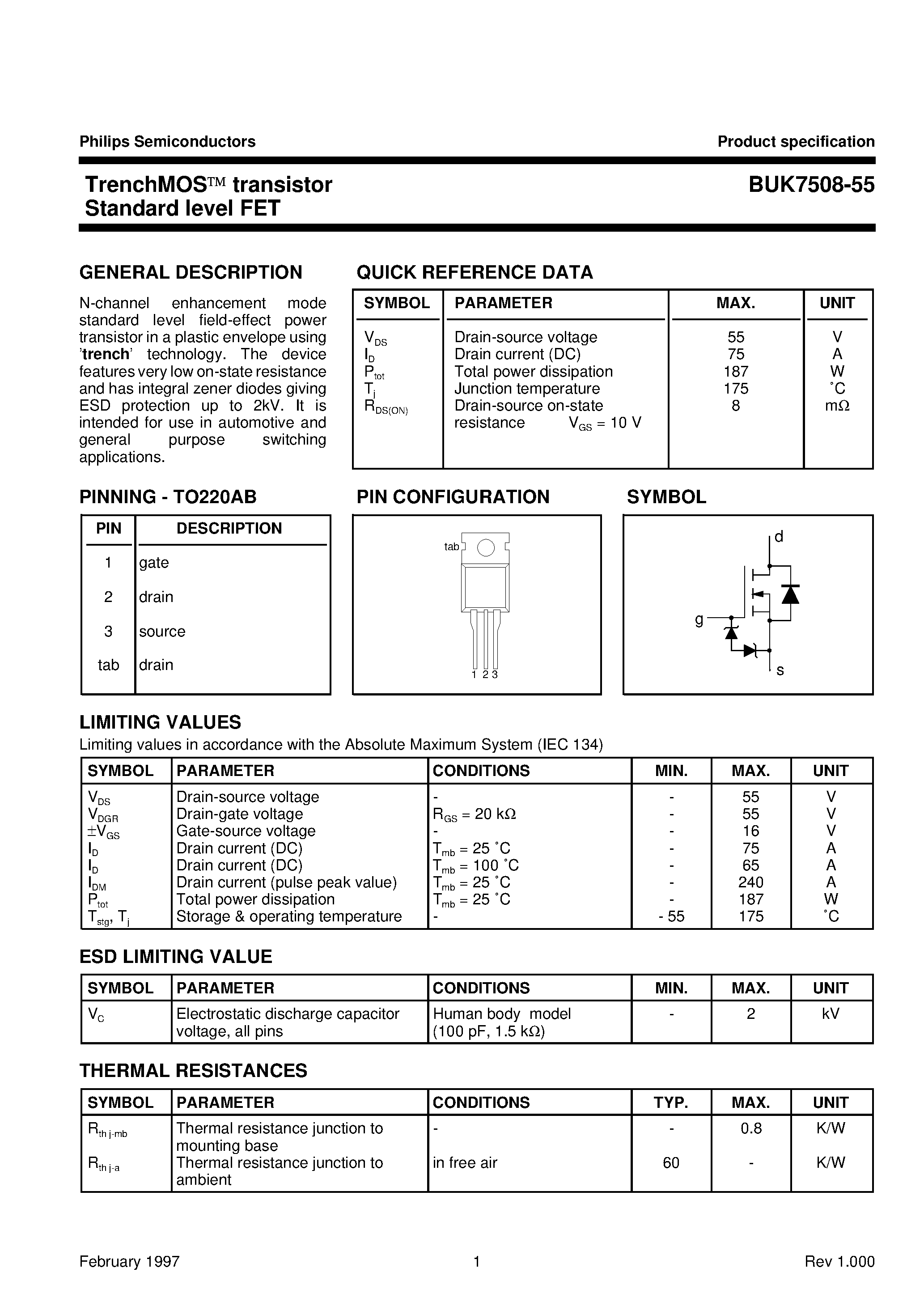 Даташит на микросхему BUK7508-55 страница 1 Даташит BUK7508-55 - TrenchMOS transistor Standard level FET страница 1
