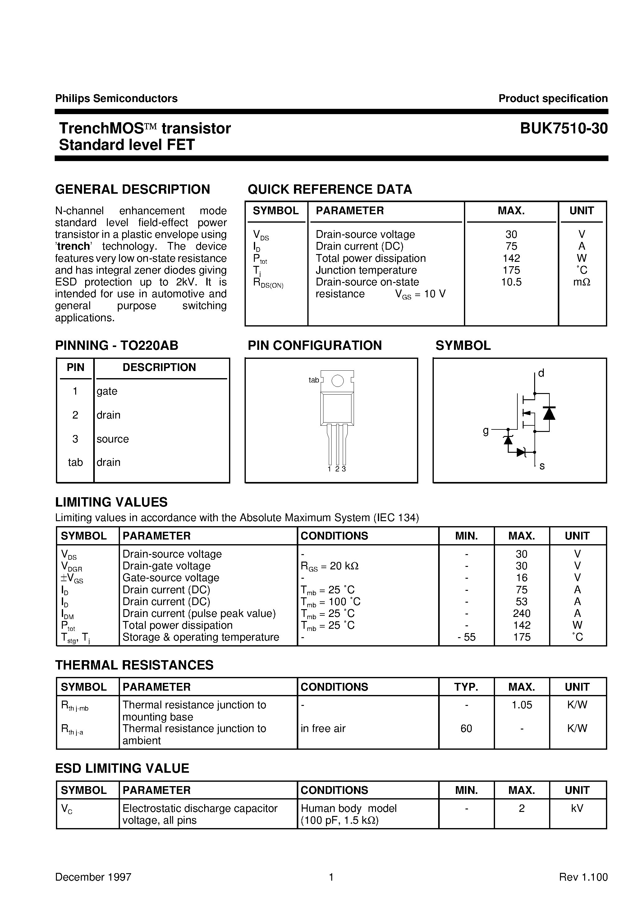 Даташит на микросхему BUK7510-30 страница 1 Даташит BUK7510-30 - TrenchMOS transistor Standard level FET страница 1