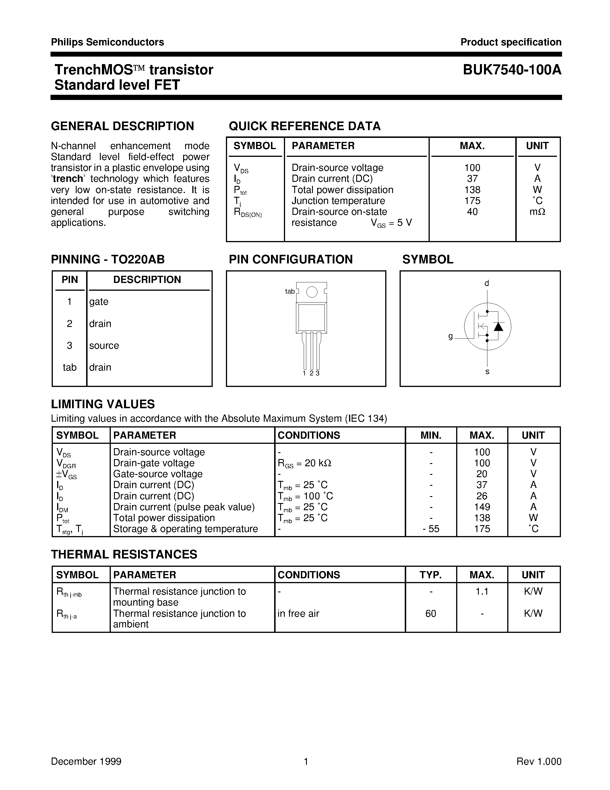 Даташит на микросхему BUK7540-100A страница 1 Даташит BUK7540-100A - TrenchMOS transistor Standard level FET страница 1